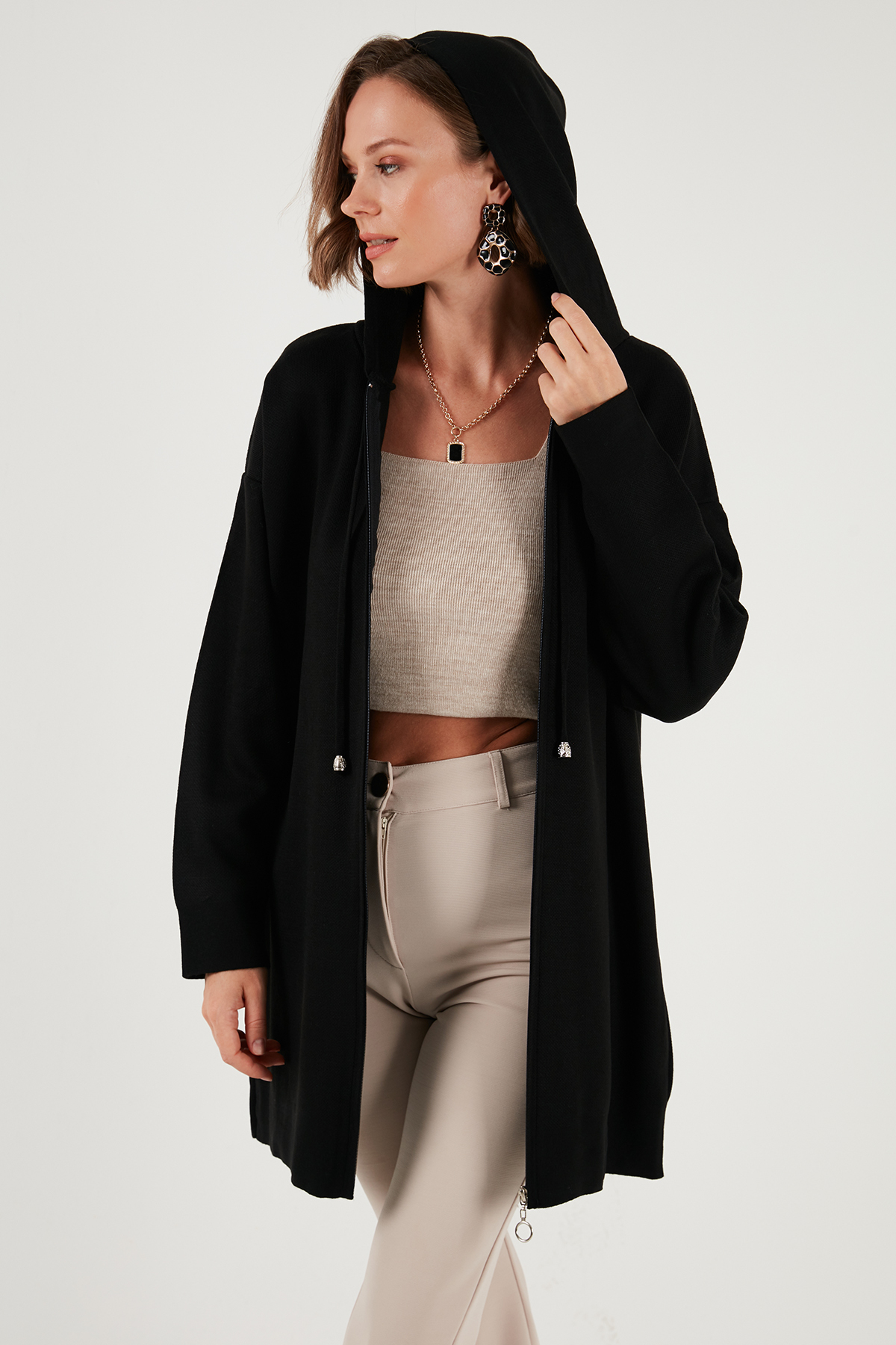 Lela Modest Regular Fit Kapüşonlu Tesettür Triko Hırka Hırka 4616176 görsel 6