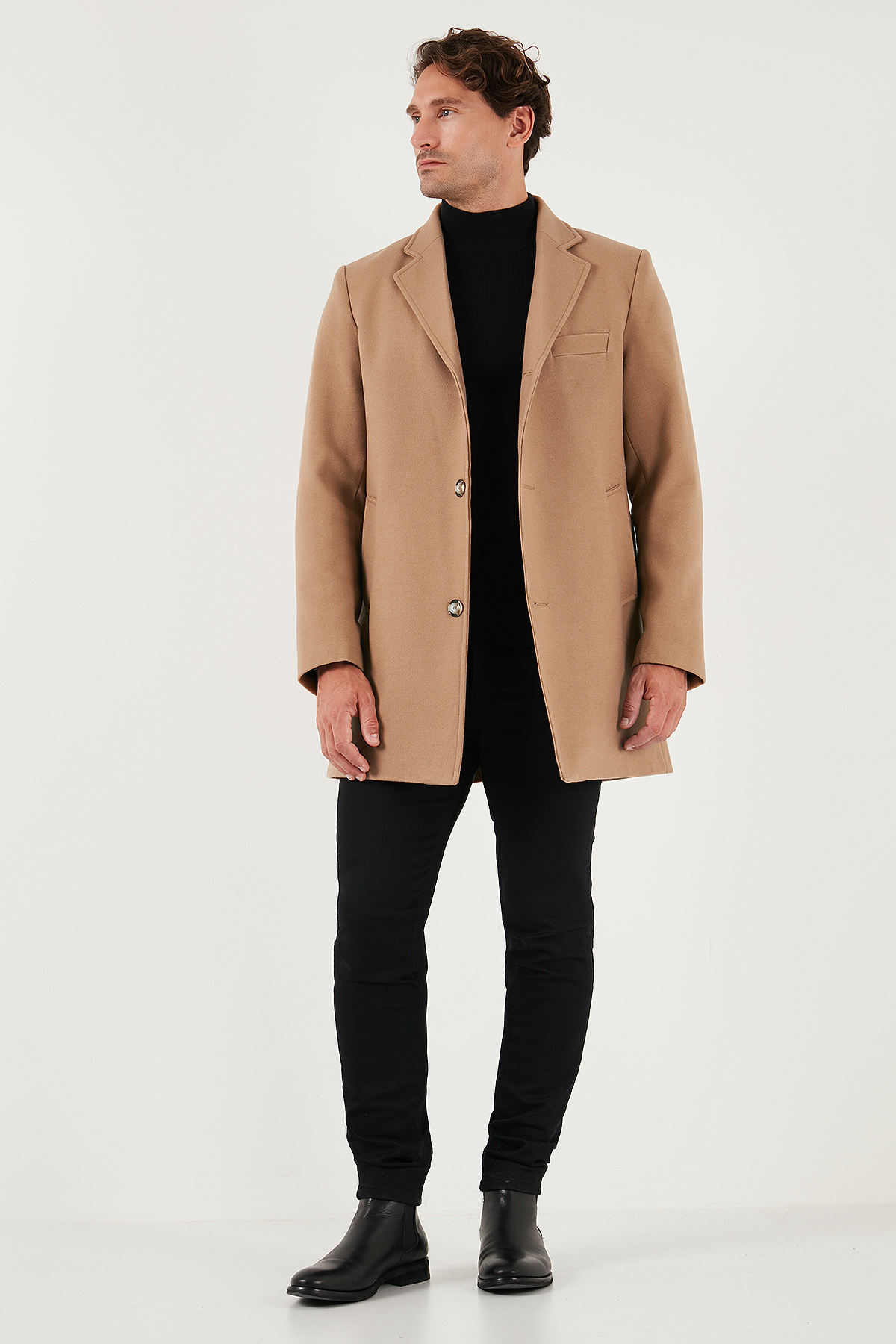 Slim Fit Tek Yırtmaçlı Düğmeli Mono Yaka Kaşe Kaban Erkek KABAN 5840098 — قهوه‌ای — تصویر 3 از 7