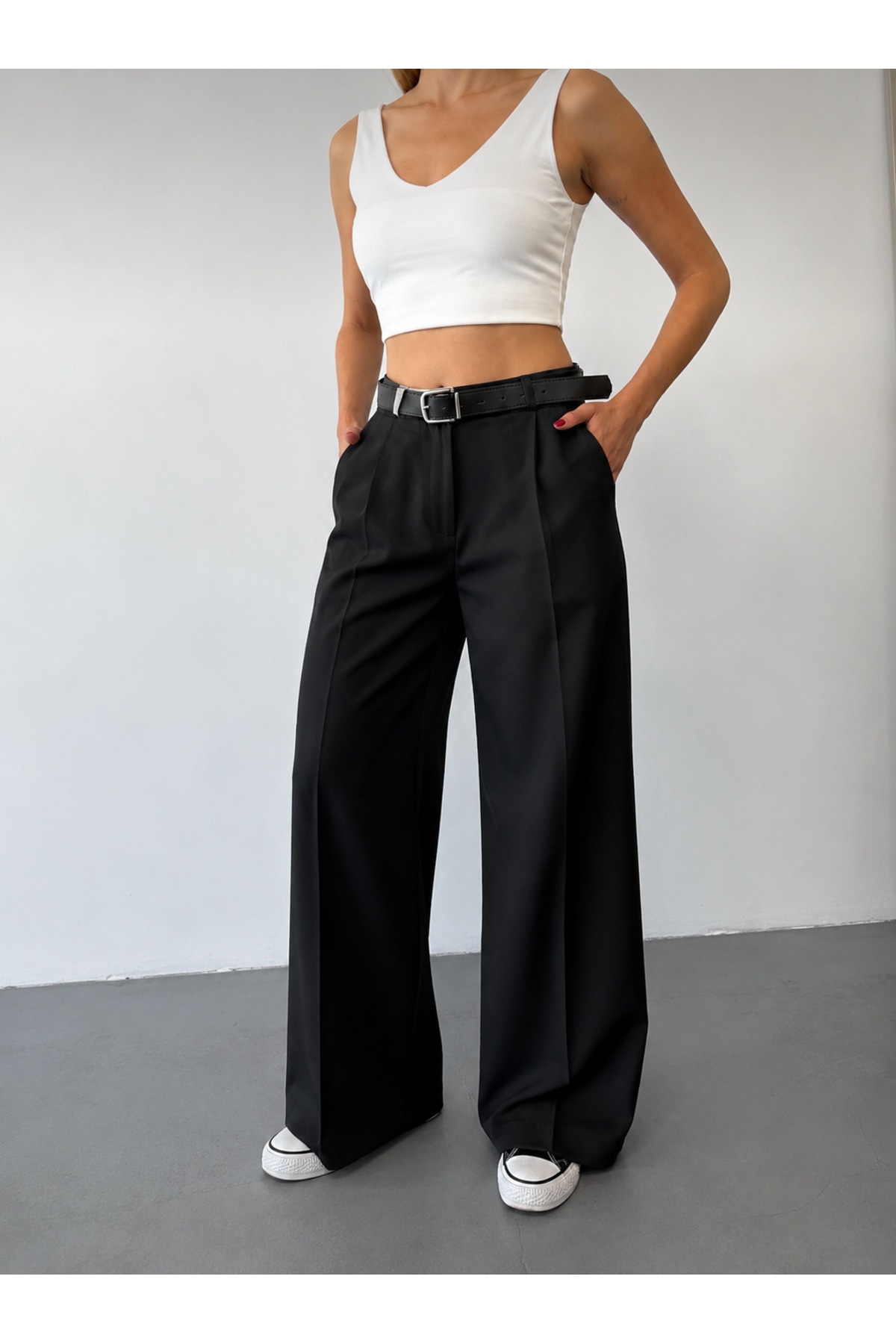 glanour Siyah Kemerli Palazzo Pantolon Orjinal Kesim görsel 8