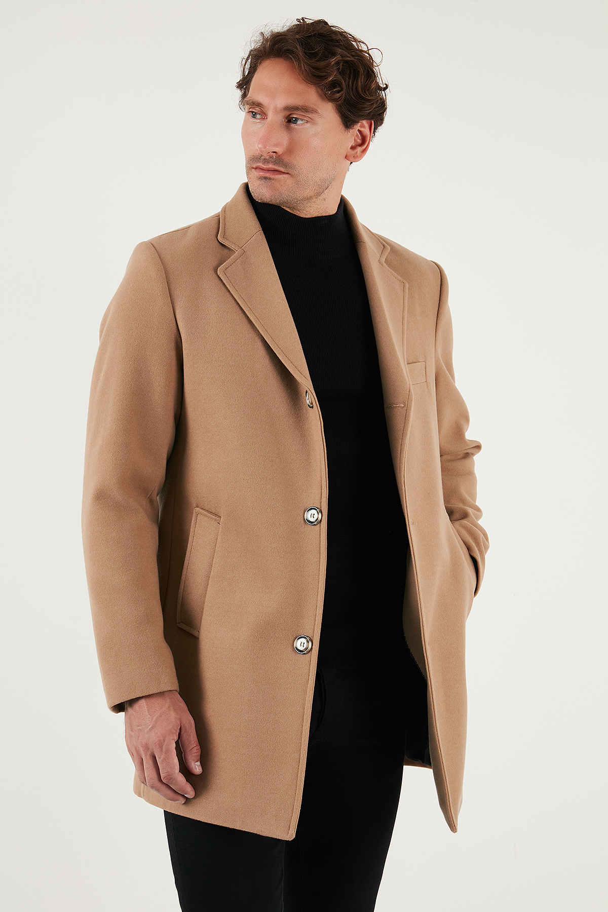 Slim Fit Tek Yırtmaçlı Düğmeli Mono Yaka Kaşe Kaban Erkek KABAN 5840098 — قهوه‌ای — تصویر 5 از 7