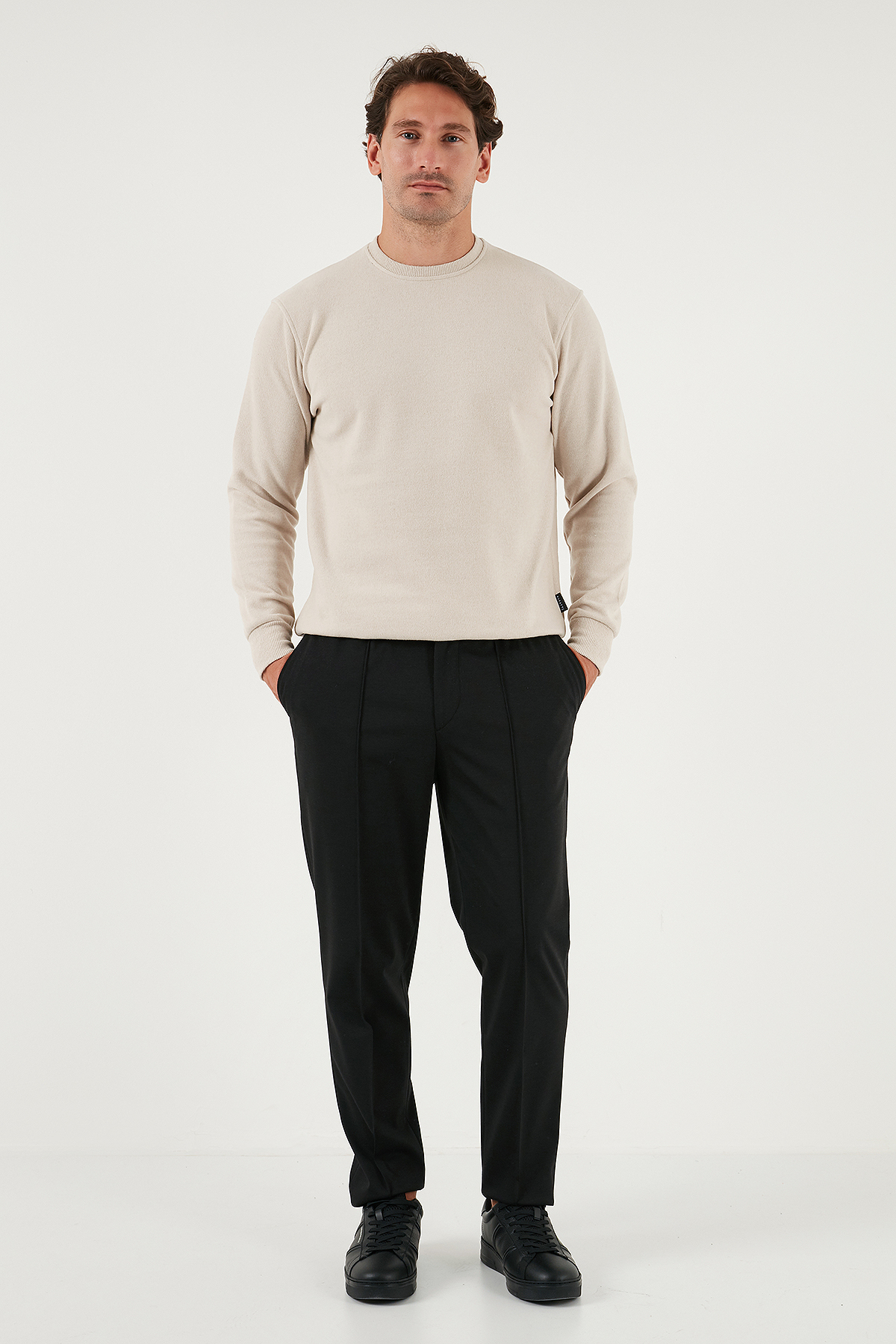 Slim Fit Bisiklet Yaka Pamuklu Kazak Erkek KAZAK 456201 — بژ — تصویر 2 از 5