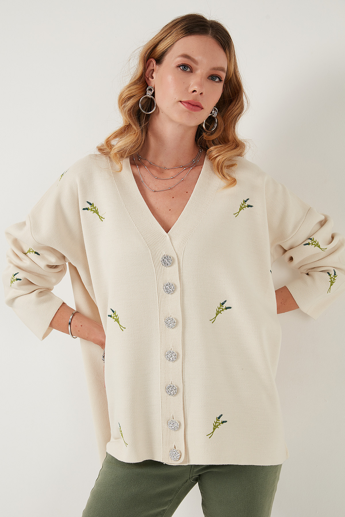 Lela Oversize Fit Desenli V Yaka Triko Hırka Hırka 4616193 görsel 5
