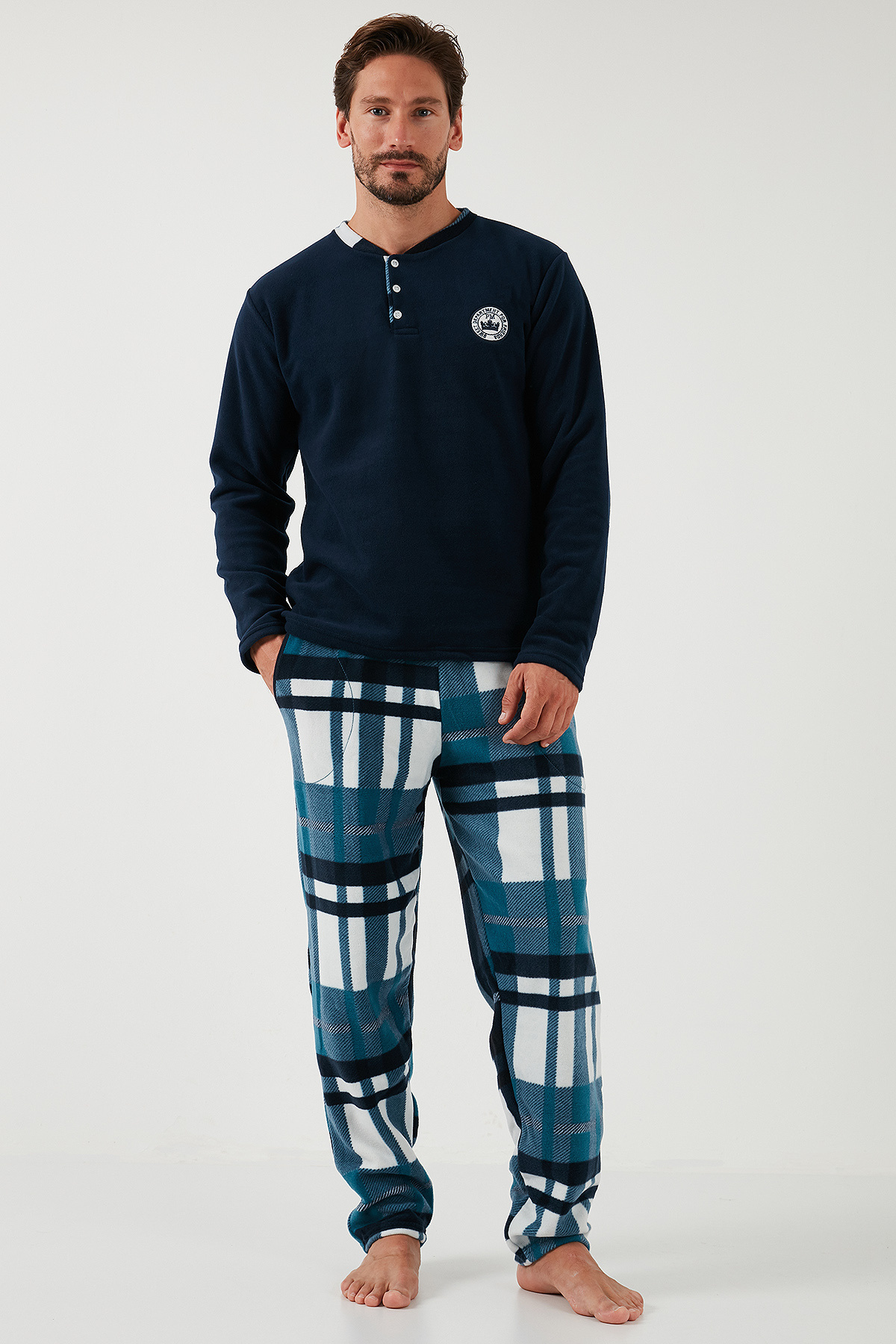 Buratti Ekoseli Regular Fit Düğmeli Bisiklet Yaka Kışlık Polar Pijama Takımı Erkek PİJAMA TAKIMI 609 görsel 3