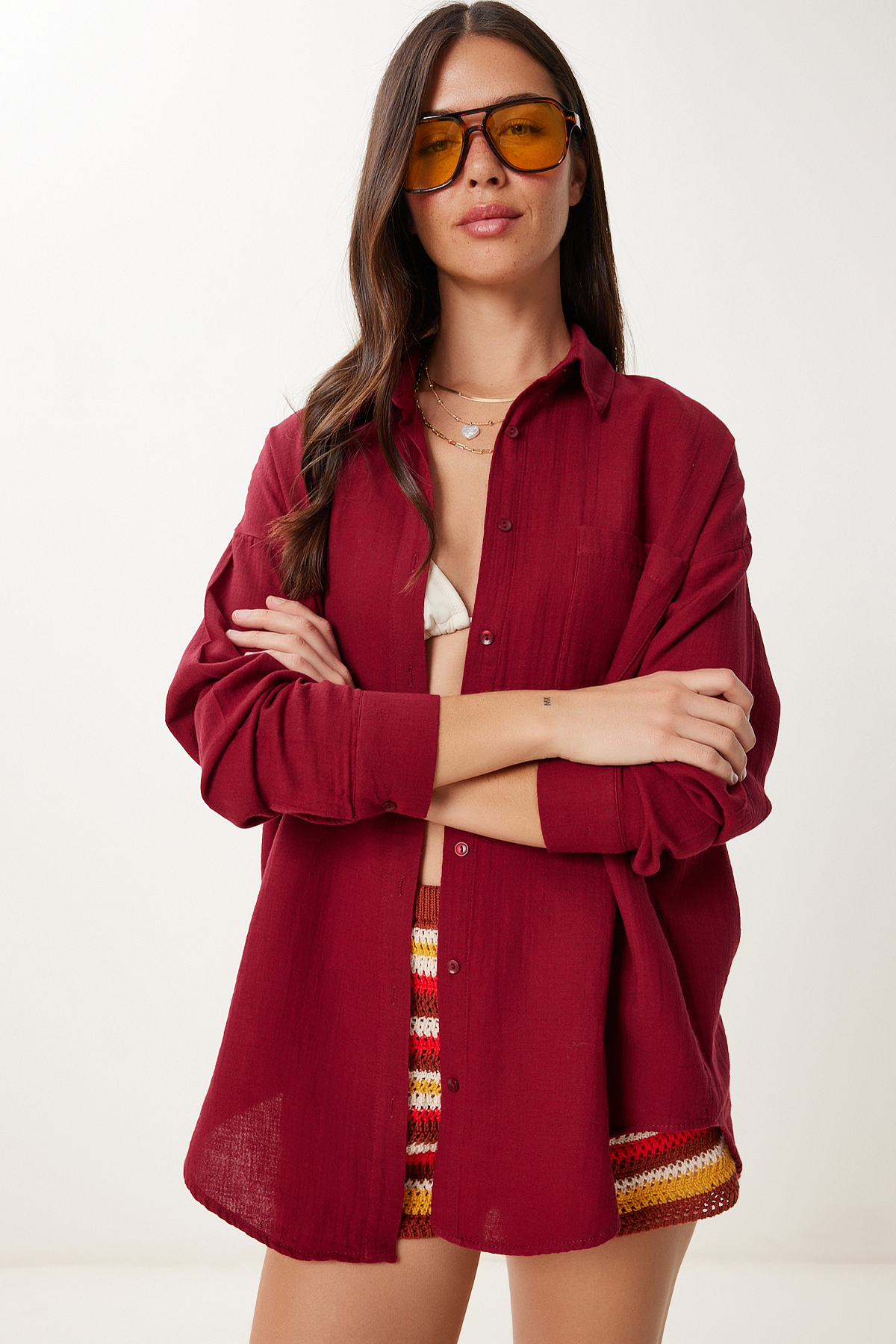 Lovelyİstanbul Oversize Basic Müslin Gömlek BORDO LMX0002 görsel 4