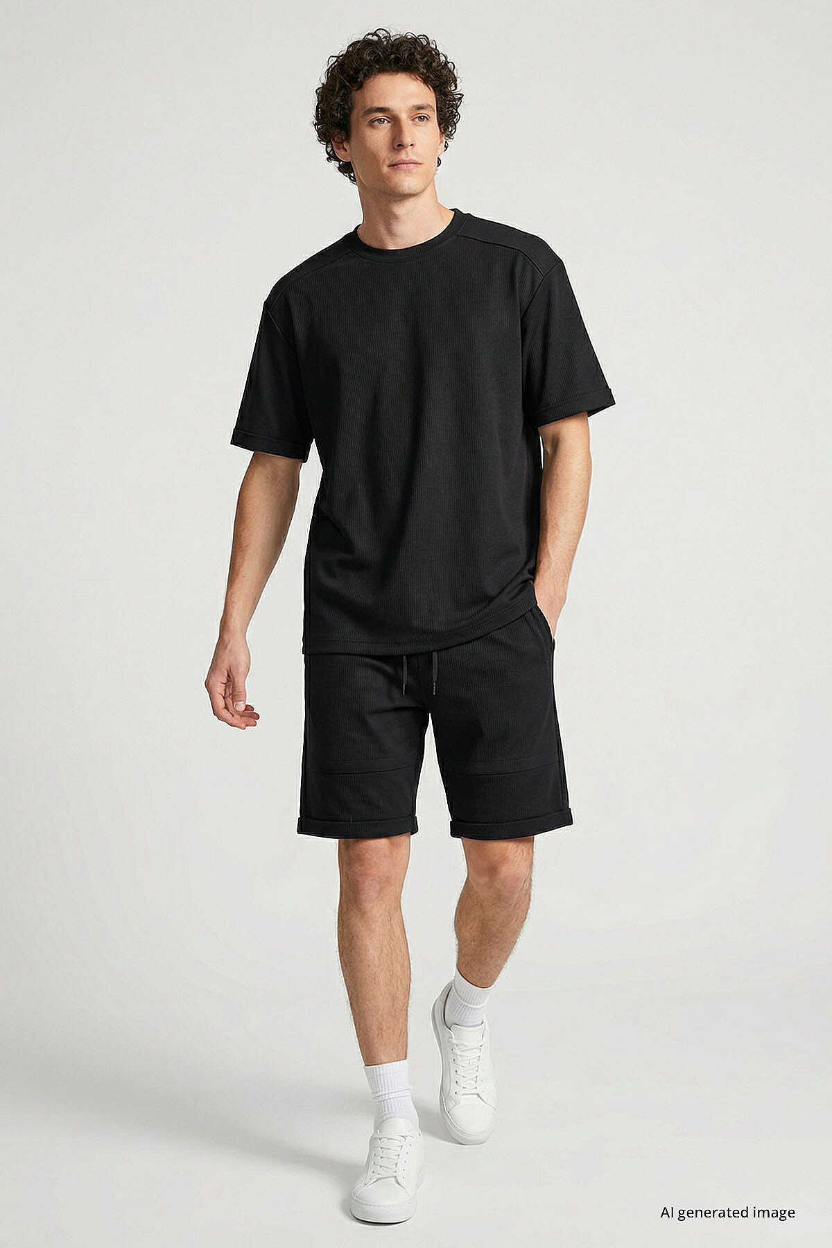 Siyah Oversize Fit Yumuşak Dokulu Basic Erkek Şort Takım - 85274 — رنگارنگ T17ER-85274