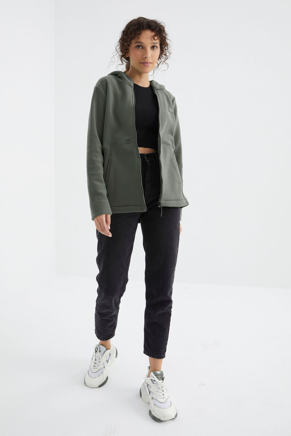 TOMMY LIFE Çağla Kapüşonlu Fermuarlı Rahat Form Kadın Polar Sweatshirt - 97233 görsel 2