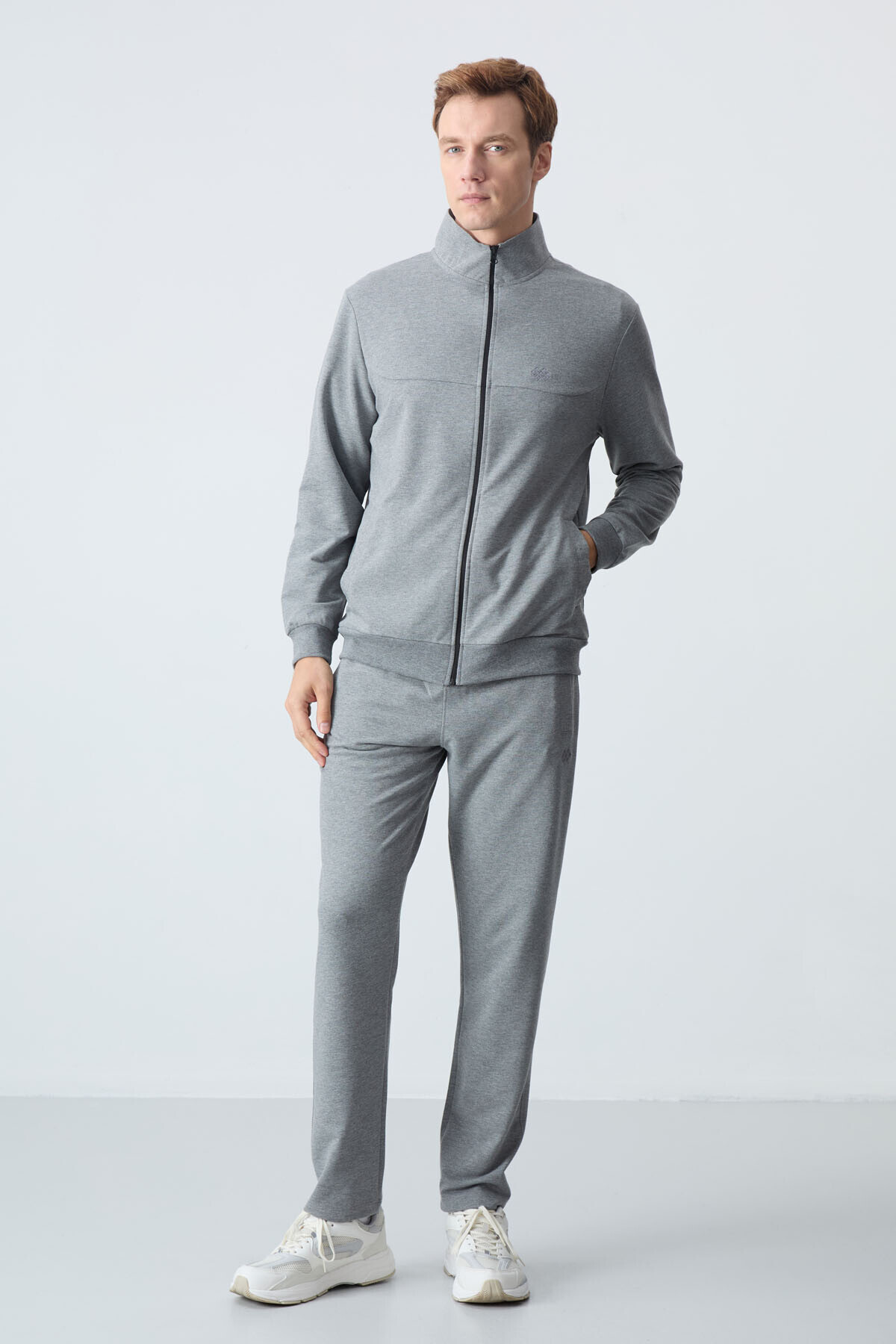 Gri Melanj Pamuklu Kalın Yumuşak Dokulu Comfort Fit Basic Erkek Eşofman Takım - 85260 — رنگارنگ T15ER-85260