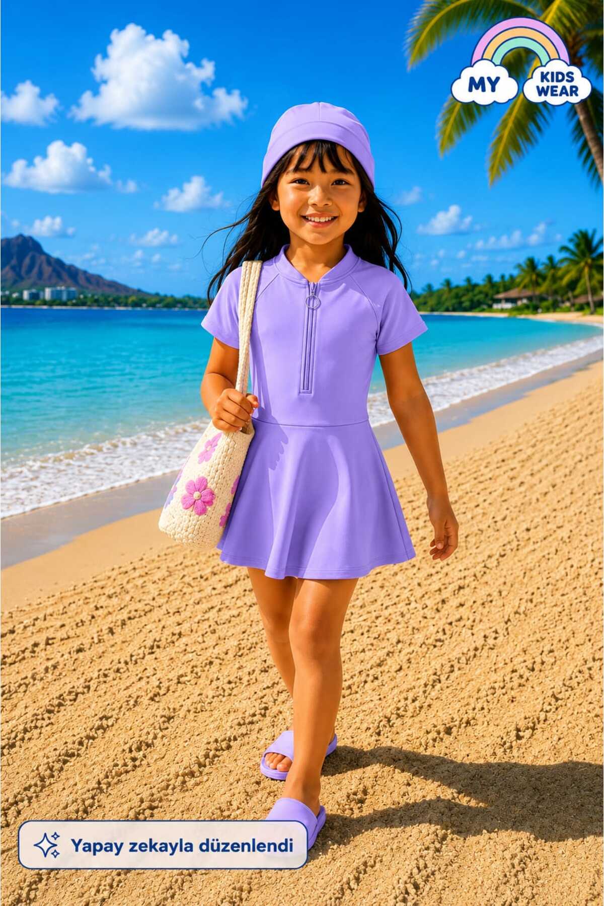 My Kids Wear Kız Çocuk Kısa Kollu Fermuarlı Mayo UV Korumalı Deniz
