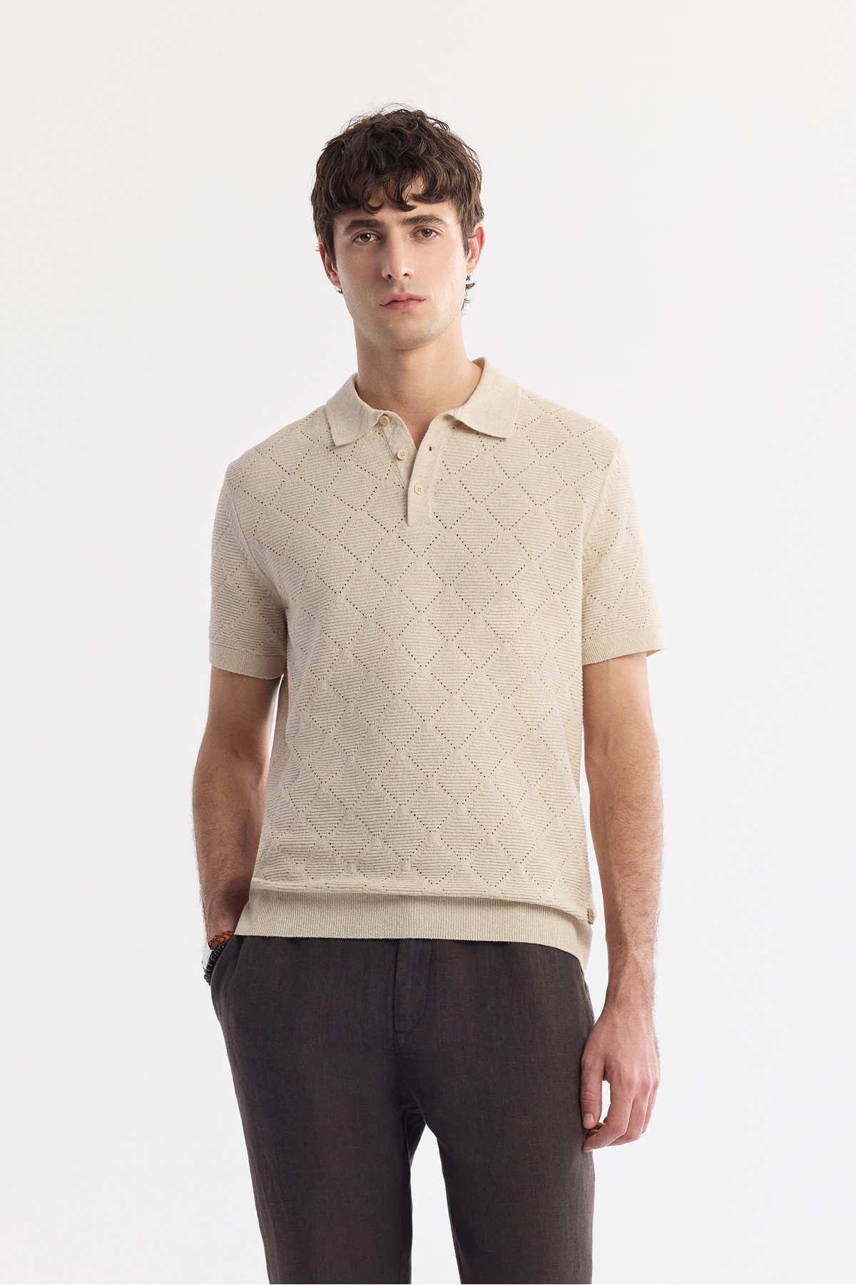 Avva Men's Beige Polo Neck Cotton Knit Regular Fit T-Shirt A51Y5040