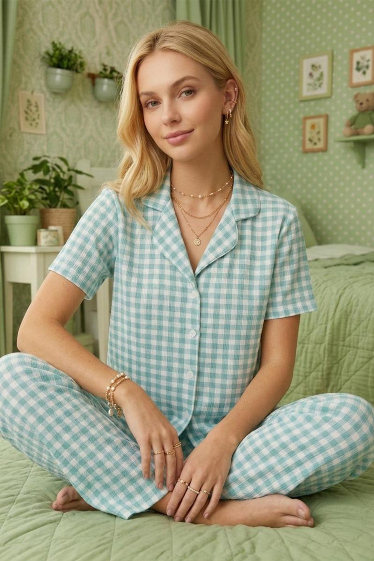 FİT WOMEN Square Patterned Crinkle Fabric Short Sleeve Pajama Set 6065