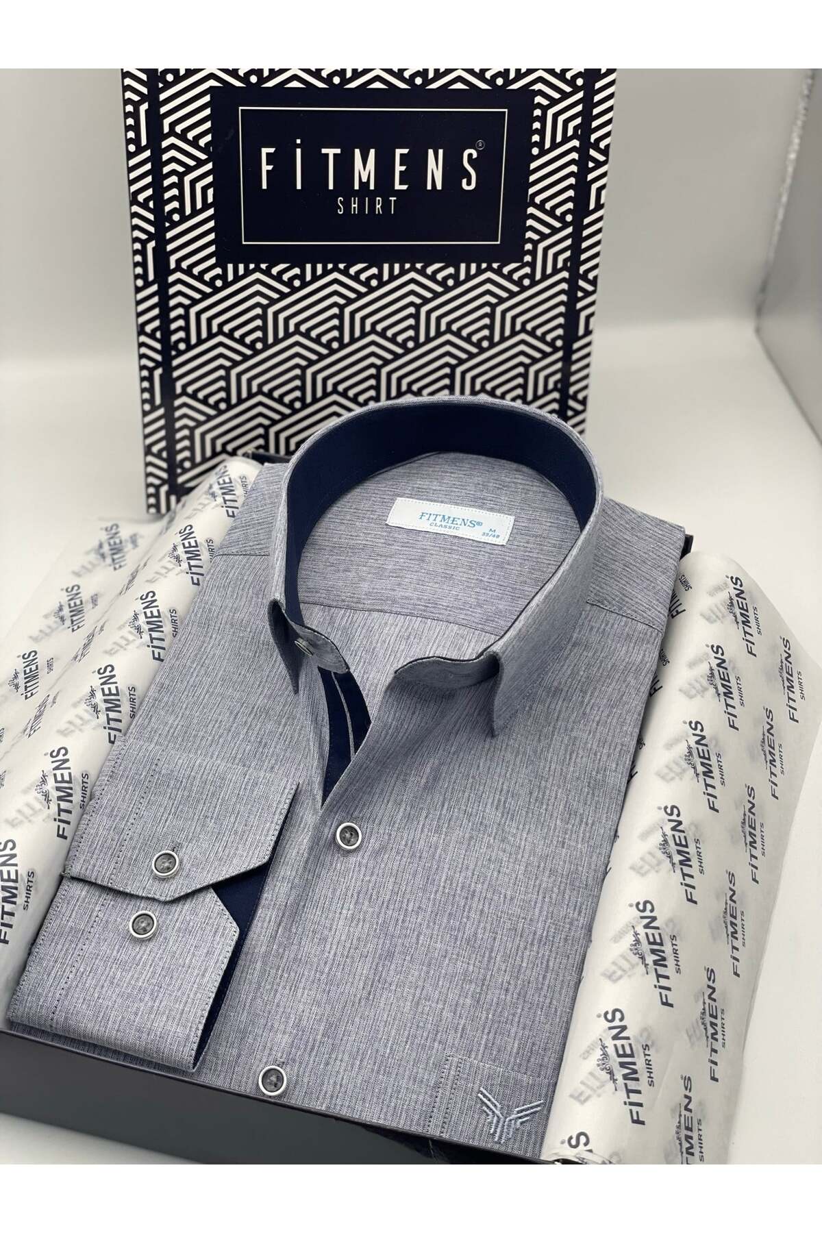 Klasik Uzun Kol Keten Cotton Hediye Kutulu Erkek Gömlek FS-001261 - Lacivert — سرمه‌ای
