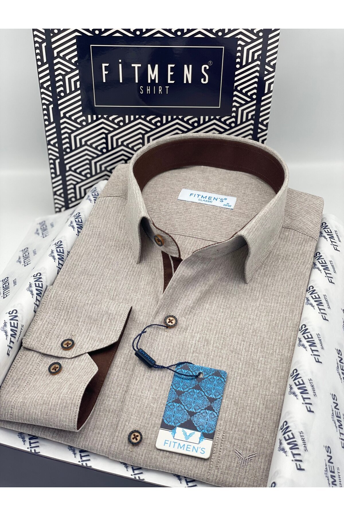 Klasik Uzun Kol Keten Cotton Hediye Kutulu Erkek Gömlek FS-001261 - Bej — بژ — تصویر 3 از 9