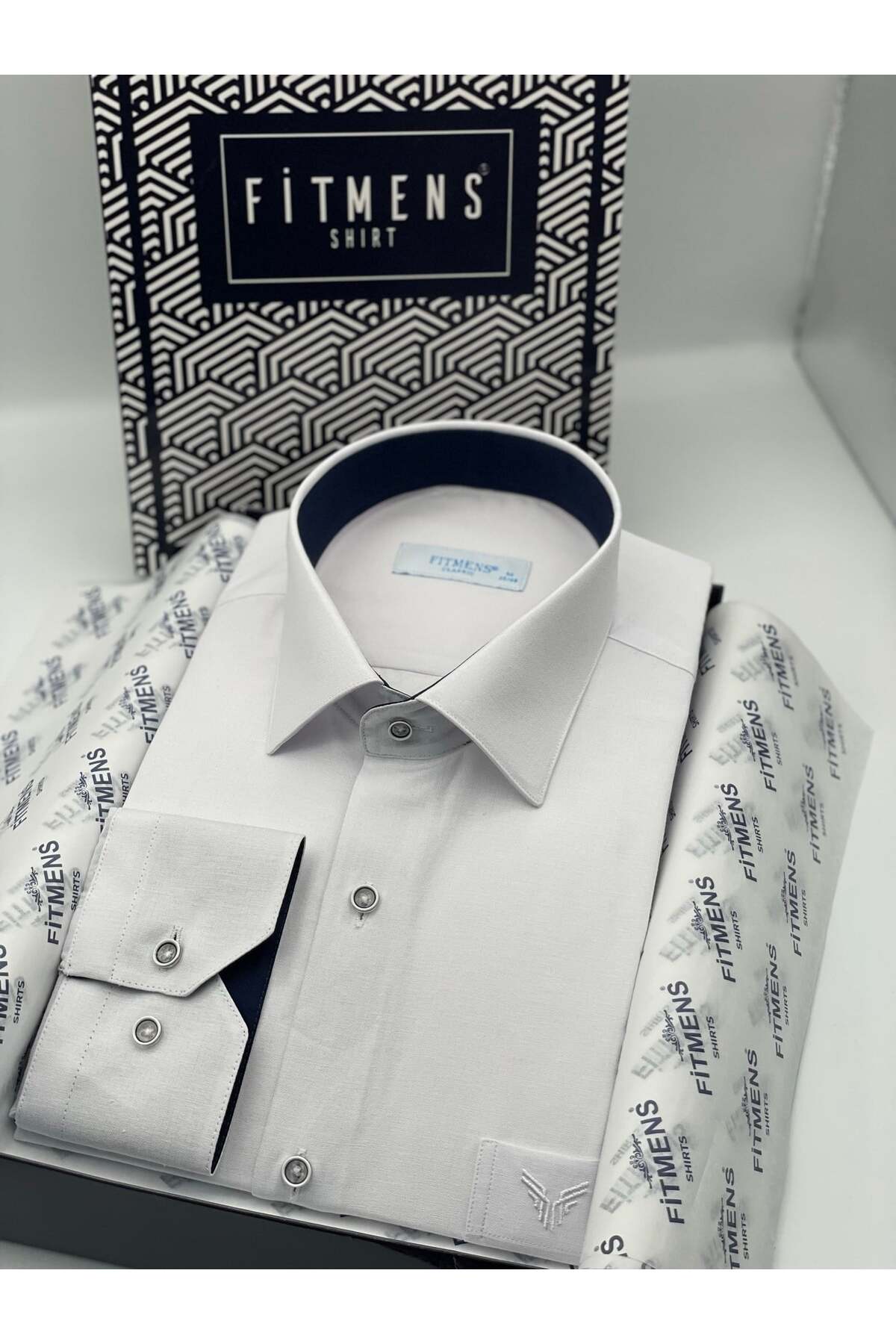 Klasik Uzun Kol Keten Cotton Hediye Kutulu Erkek Gömlek FS-001261 - Beyaz Lacivert — سفید — تصویر 3 از 6