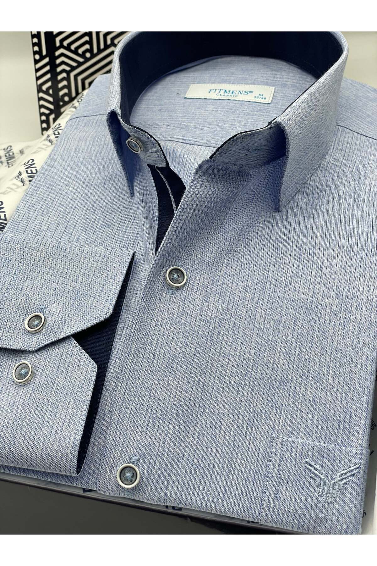 Klasik Uzun Kol Keten Cotton Hediye Kutulu Erkek Gömlek FS-001261 - Mavi — آبی — تصویر 4 از 6