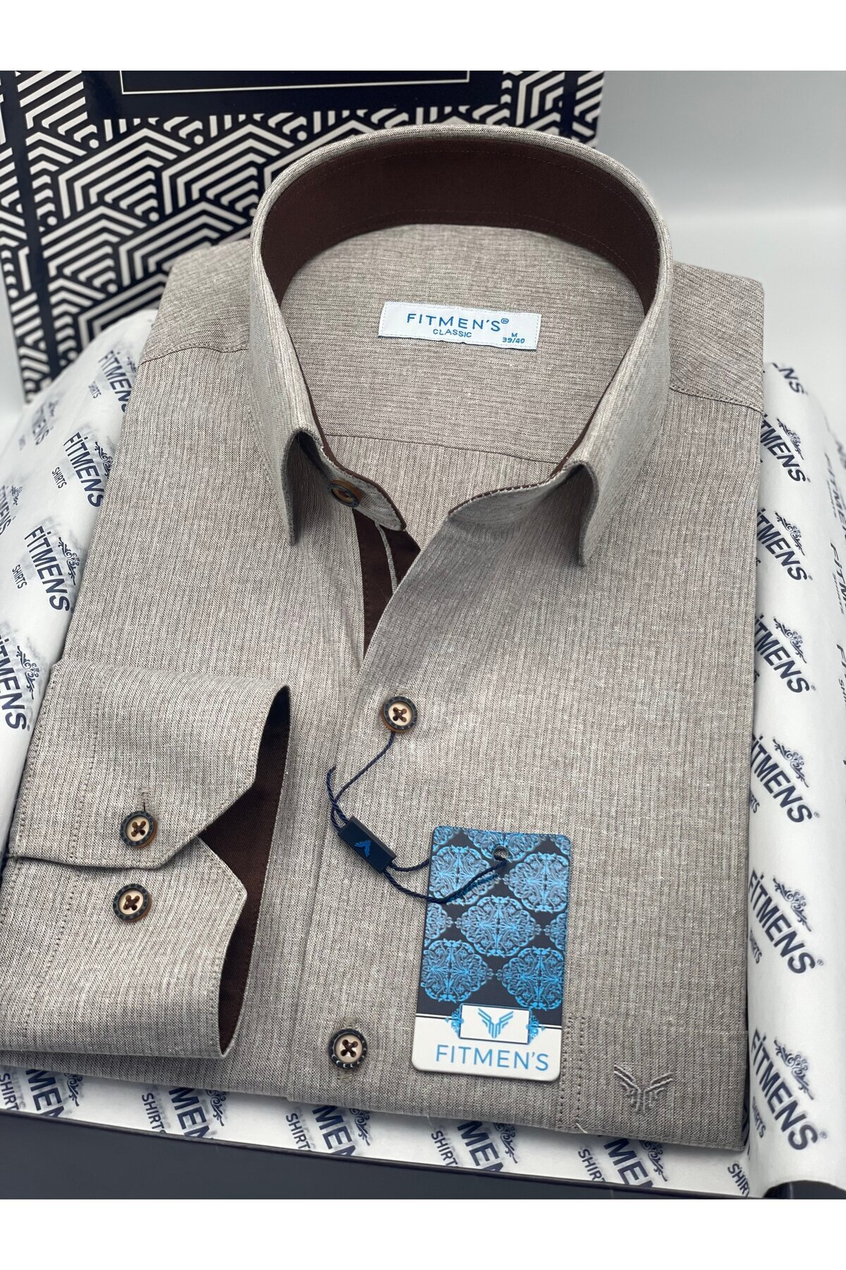 Klasik Uzun Kol Keten Cotton Hediye Kutulu Erkek Gömlek FS-001261 - Bej — بژ — تصویر 9 از 9
