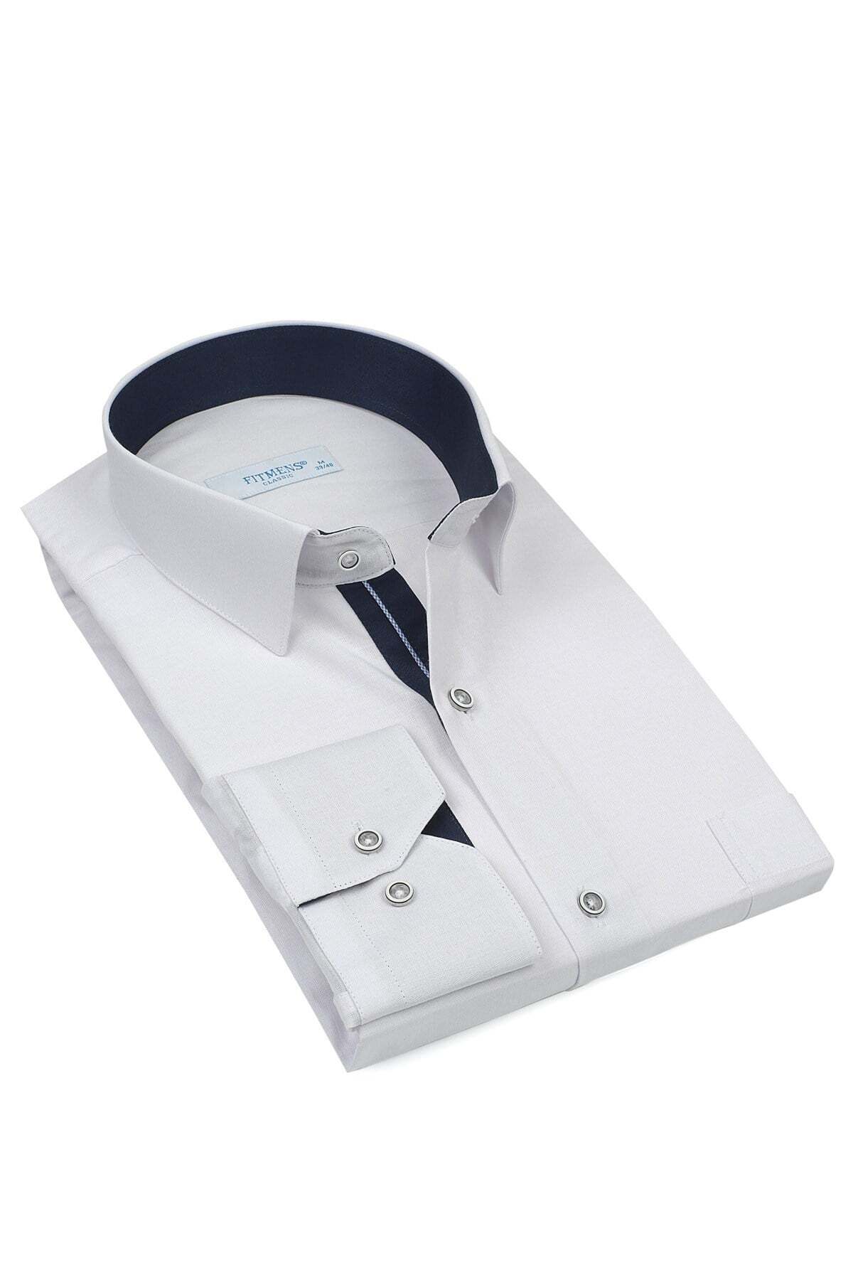 Klasik Uzun Kol Keten Cotton Hediye Kutulu Erkek Gömlek FS-001261 - Beyaz Lacivert — سفید — تصویر 5 از 6