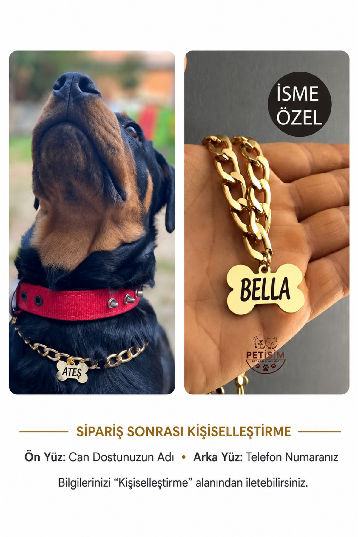PETİSİM PET AKSESUARLARI Isimli Köpek Tasması Köpek Isimlik Künye Zincir Paslanmaz