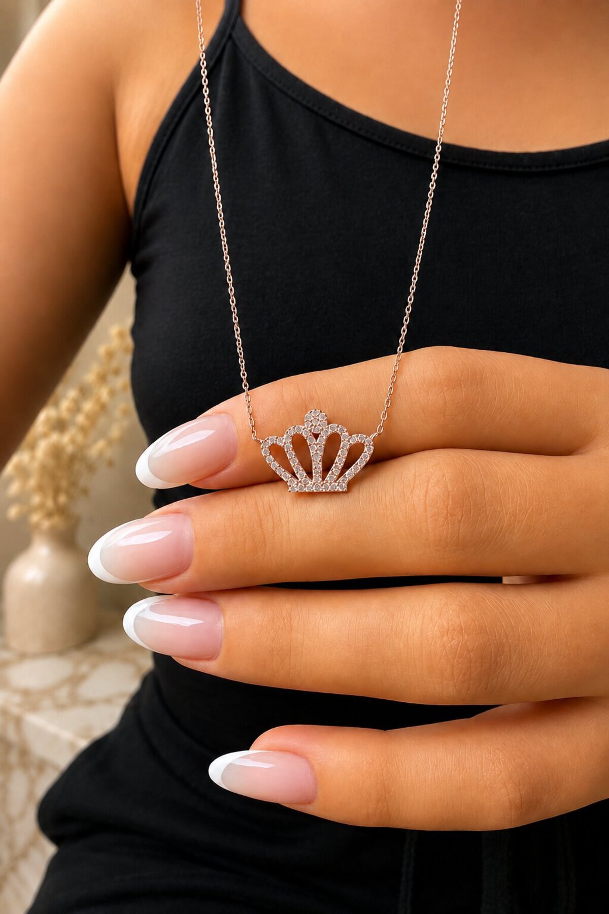 Afrodit Silver Kraliçe Tacı Tasarım 925 Ayar Gümüş Rose Kaplama Kadın Kolye görsel 6