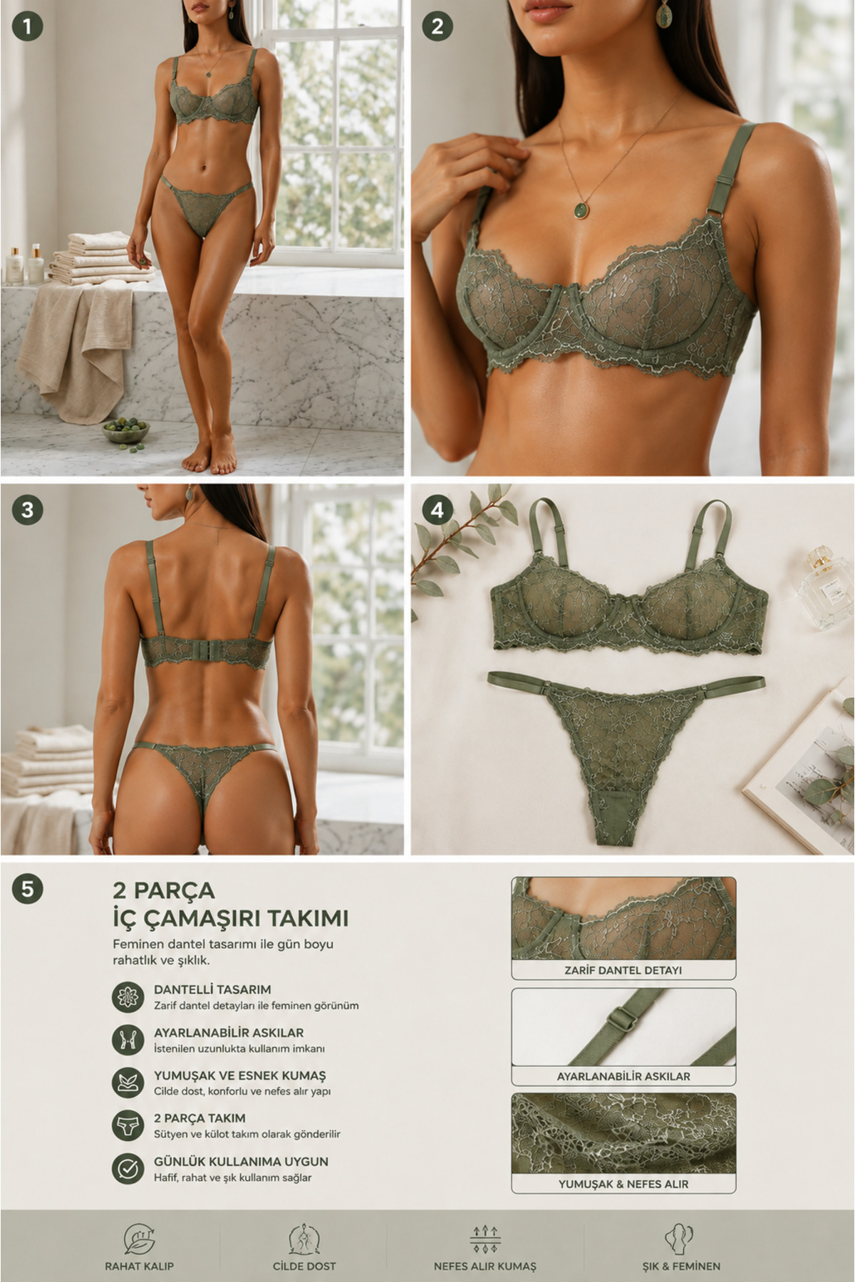 Luvia Lingerie Kadın Yeşil Dantelli 2’li Sütyen Külot İç Çamaşırı Takımı görsel 2