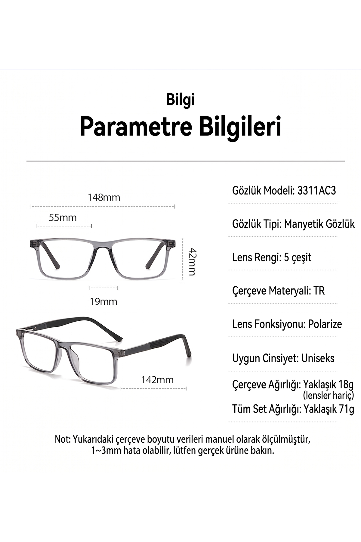 FIVIONT 5+1 Manyetik Klipsli Polarize Gözlük Seti, Şeffaf Gri Dikdörtgen Optik Çerçeve, 5 Değiştirilebilir Renkli Güneş Klipsi, Unisex görsel 4