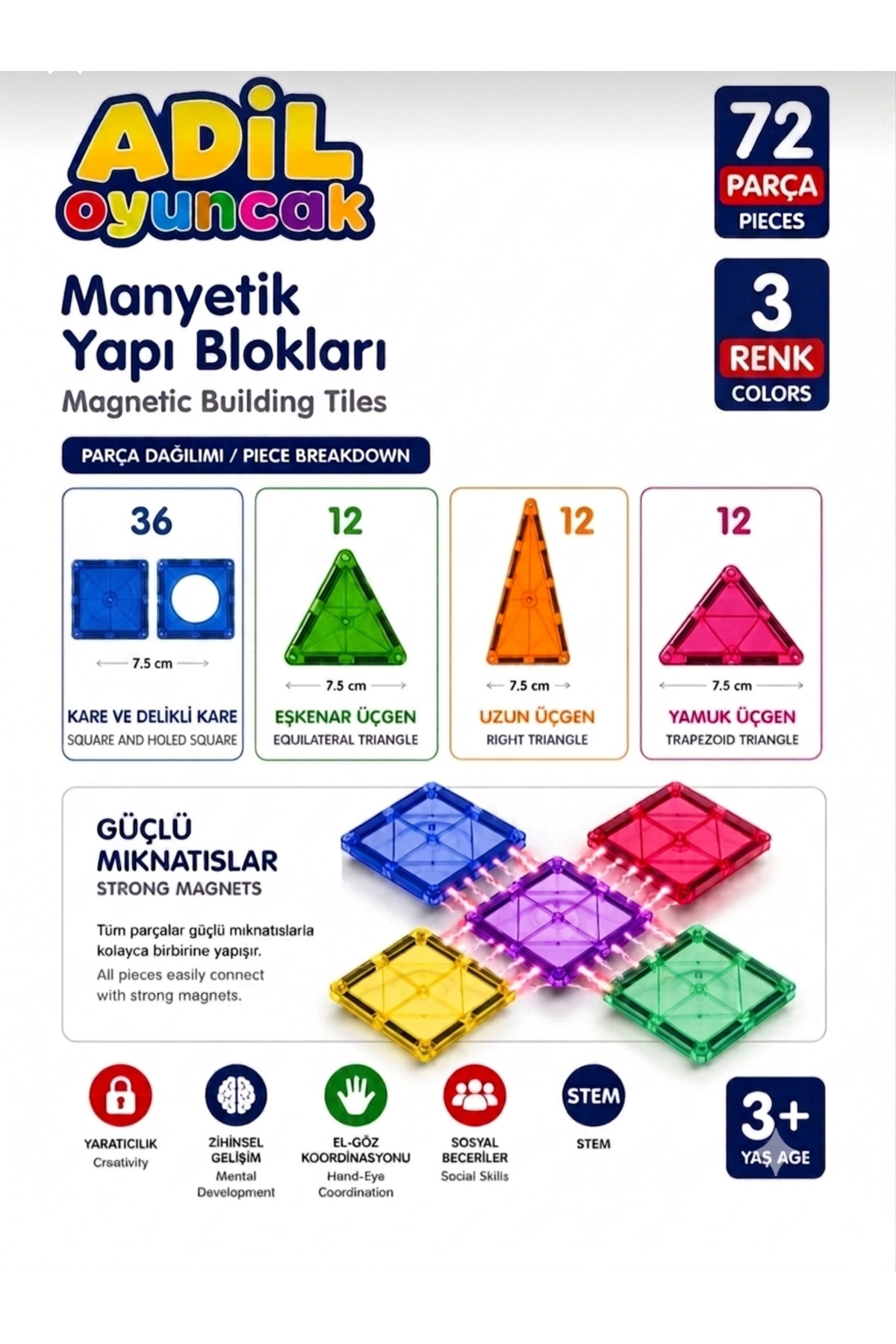 potasyum 72 Parça Manyetik Yapı Blokları - Çocuklar için Renkli 3 Boyutlu Karo Oyun Seti Oyuncak Yap-Boz