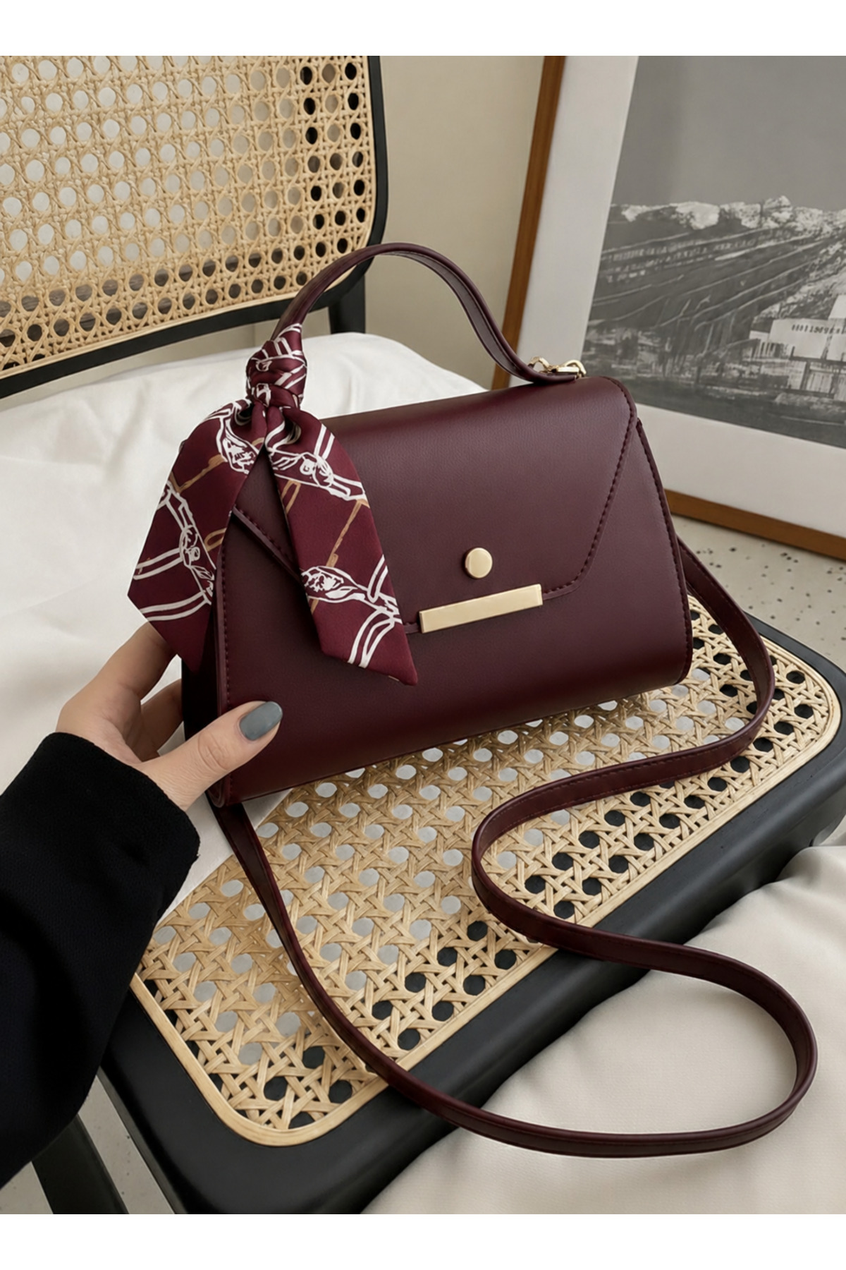METEBAGS Bordo Suni Deri Fular Detaylı Omuz& El Çantası