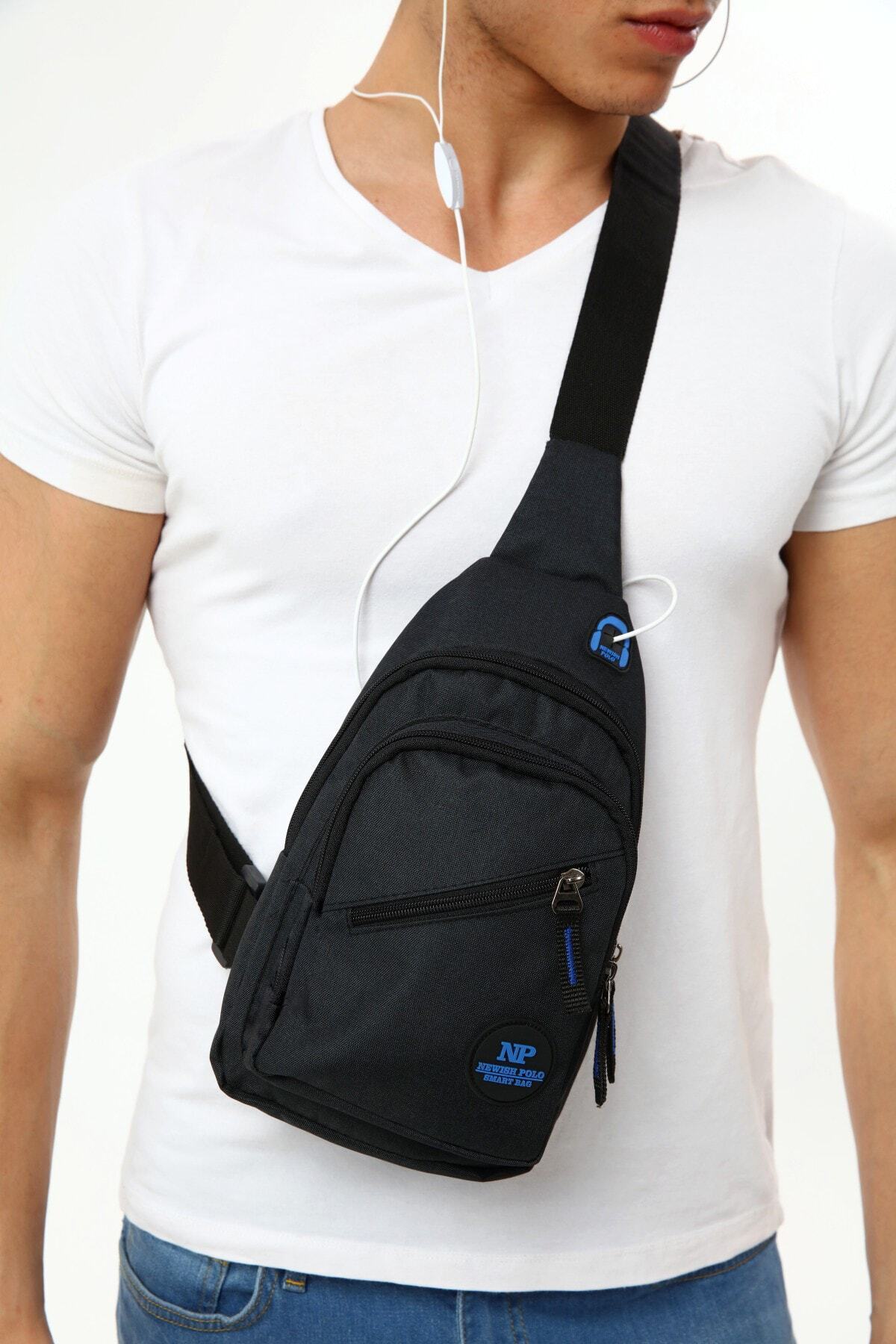 AVCA Unisex Çapraz Askılı Çanta Göğüs Çantası Tek Kol Omuz Çanta Kulaklık Çıkışlı Bodybag Günlük görsel 2
