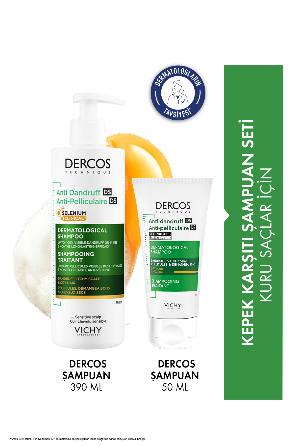 Vichy Dercos Kuru Saçlar İçin Kepek Karşıtı Şampuan Seti: Anti Dandruff Şampuan 390 ml & Şampuan 50 ml — VCH20230018