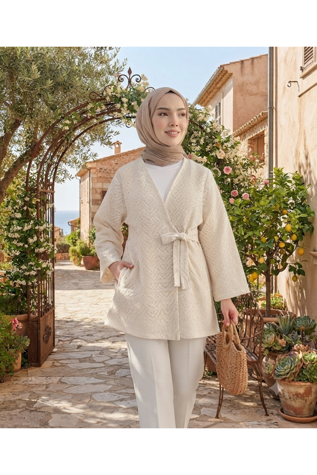 lillia kids Bej Dantel Pens Detaylı Kimono Ceket - Beli Bağlamalı Vintage Tasarım görsel 4