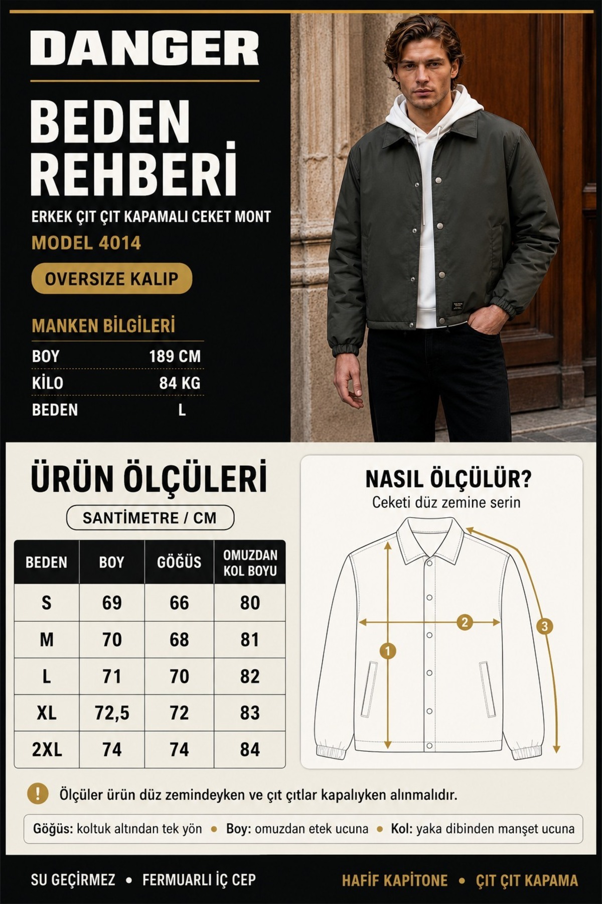 Danger Erkek Oversize Çıt Çıt kapamalı Bej Ceket Mont görsel 8
