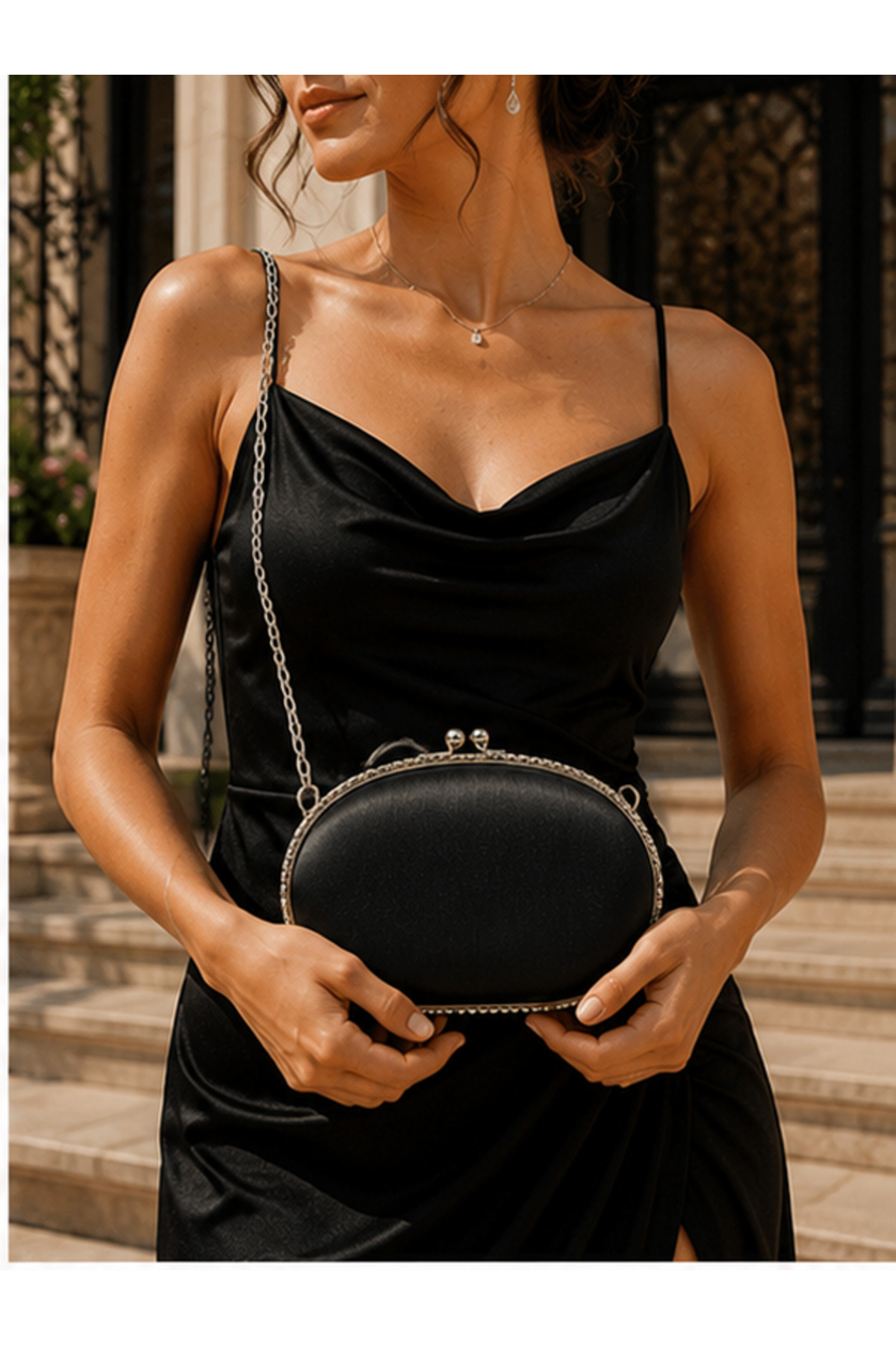 womenacs Siyah Renk Saten Kumaş Materyal Tasarım Abiye Clutch Zincir Askılı El Düğün Nişan Gece Çantası görsel 3