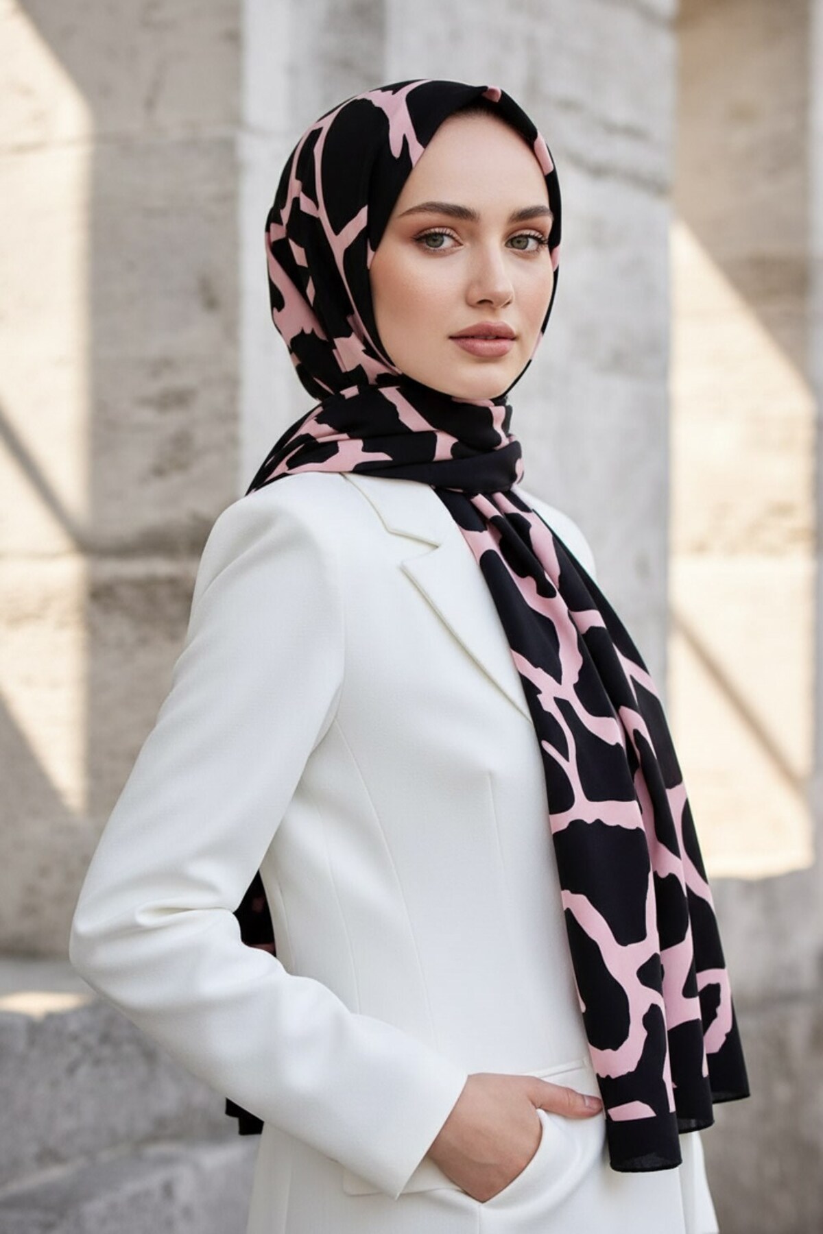 Vissona KREP TAŞ DESENLİ SİYAH - PUDRA RENKLİ 75X195 KIRIŞMAZ ŞAL görsel 2