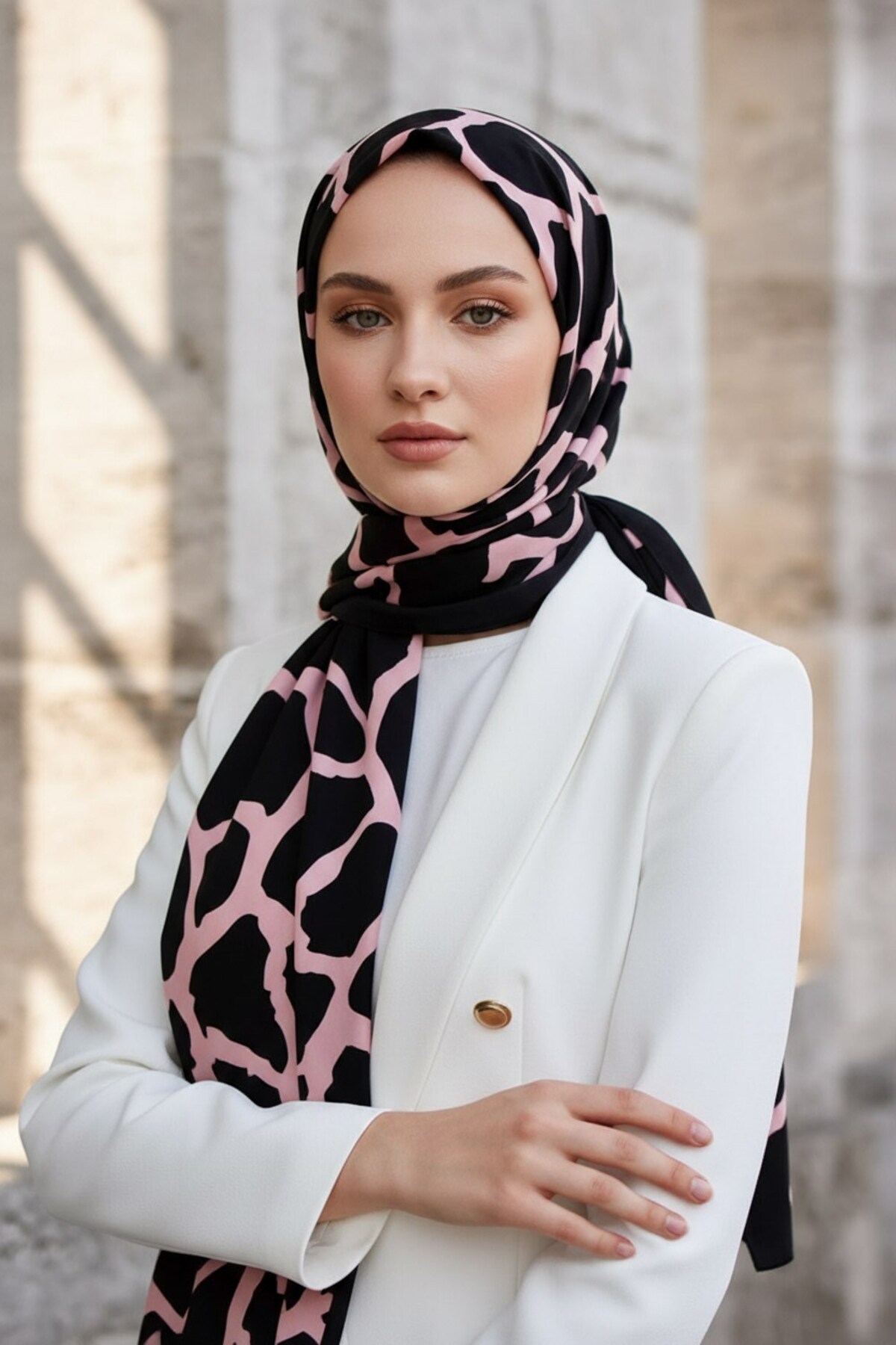 Vissona KREP TAŞ DESENLİ SİYAH - PUDRA RENKLİ 75X195 KIRIŞMAZ ŞAL