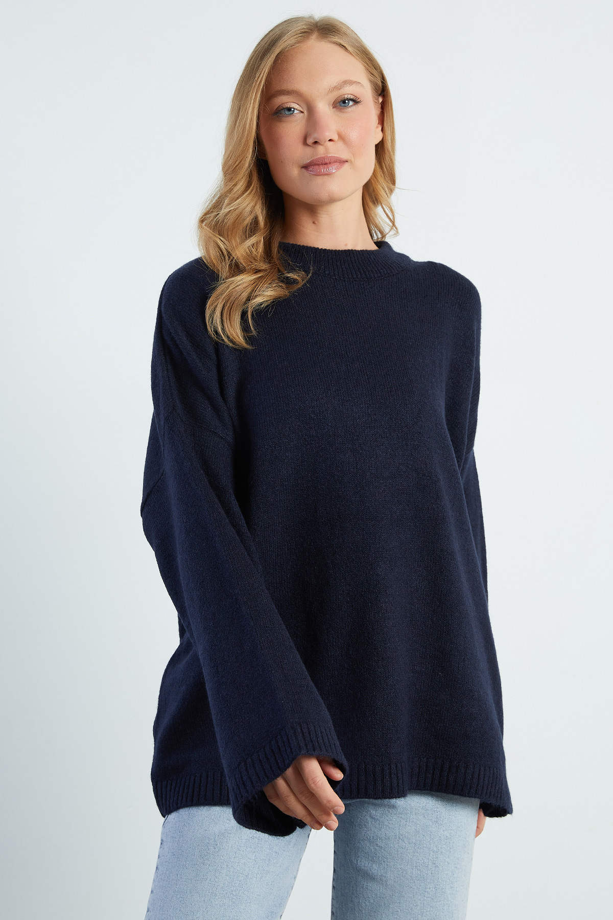 Fulla Moda Basic Bisiklet Yaka Salaş Triko Kazak görsel 7