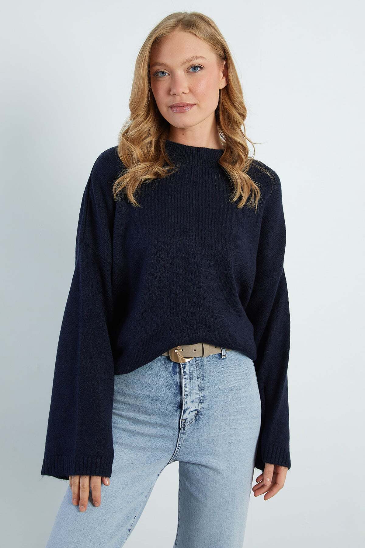Fulla Moda Basic Bisiklet Yaka Salaş Triko Kazak