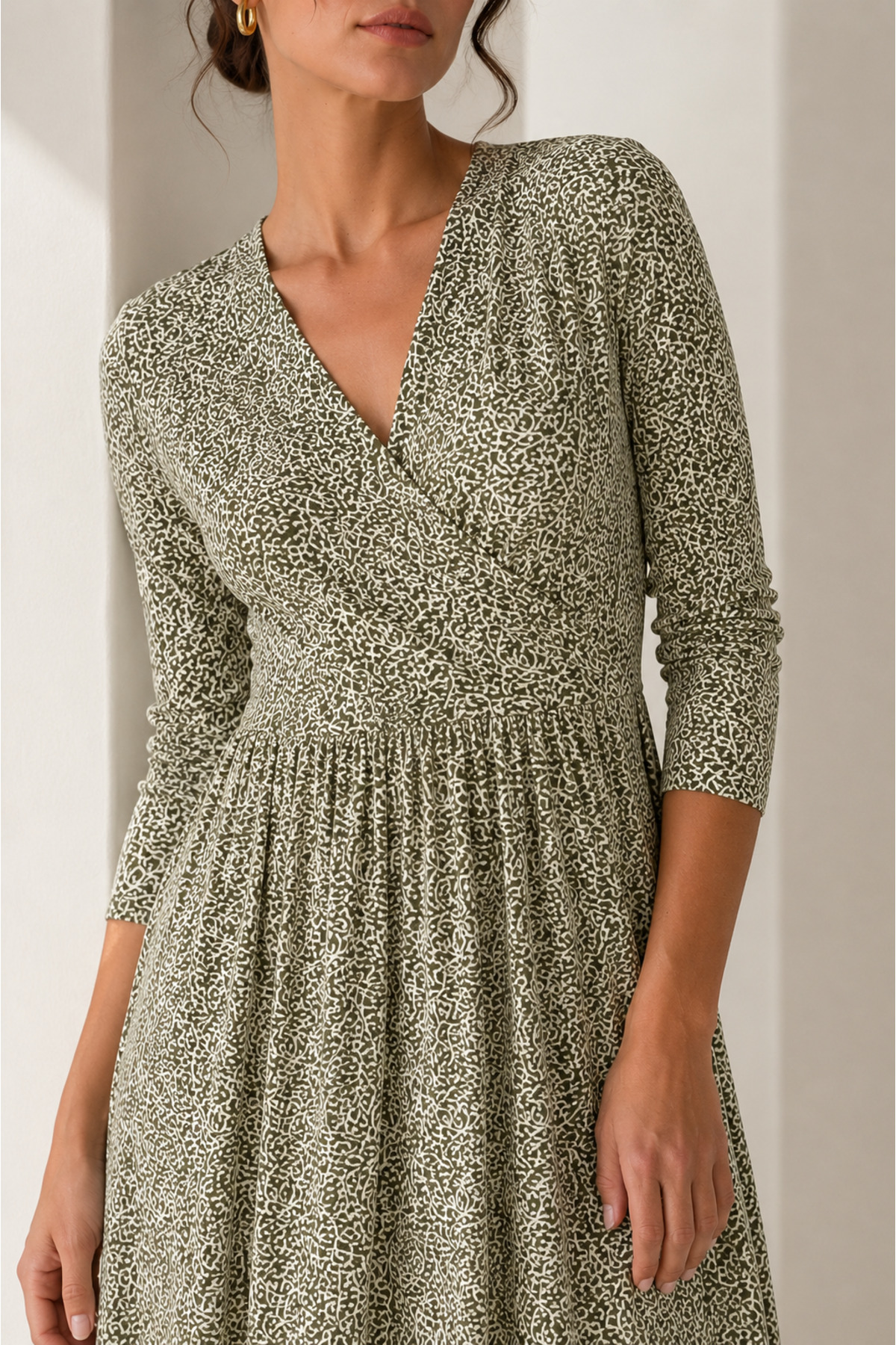 bb butik basic Desenli Kruvaze Yaka Midi Elbise PL3547 görsel 2