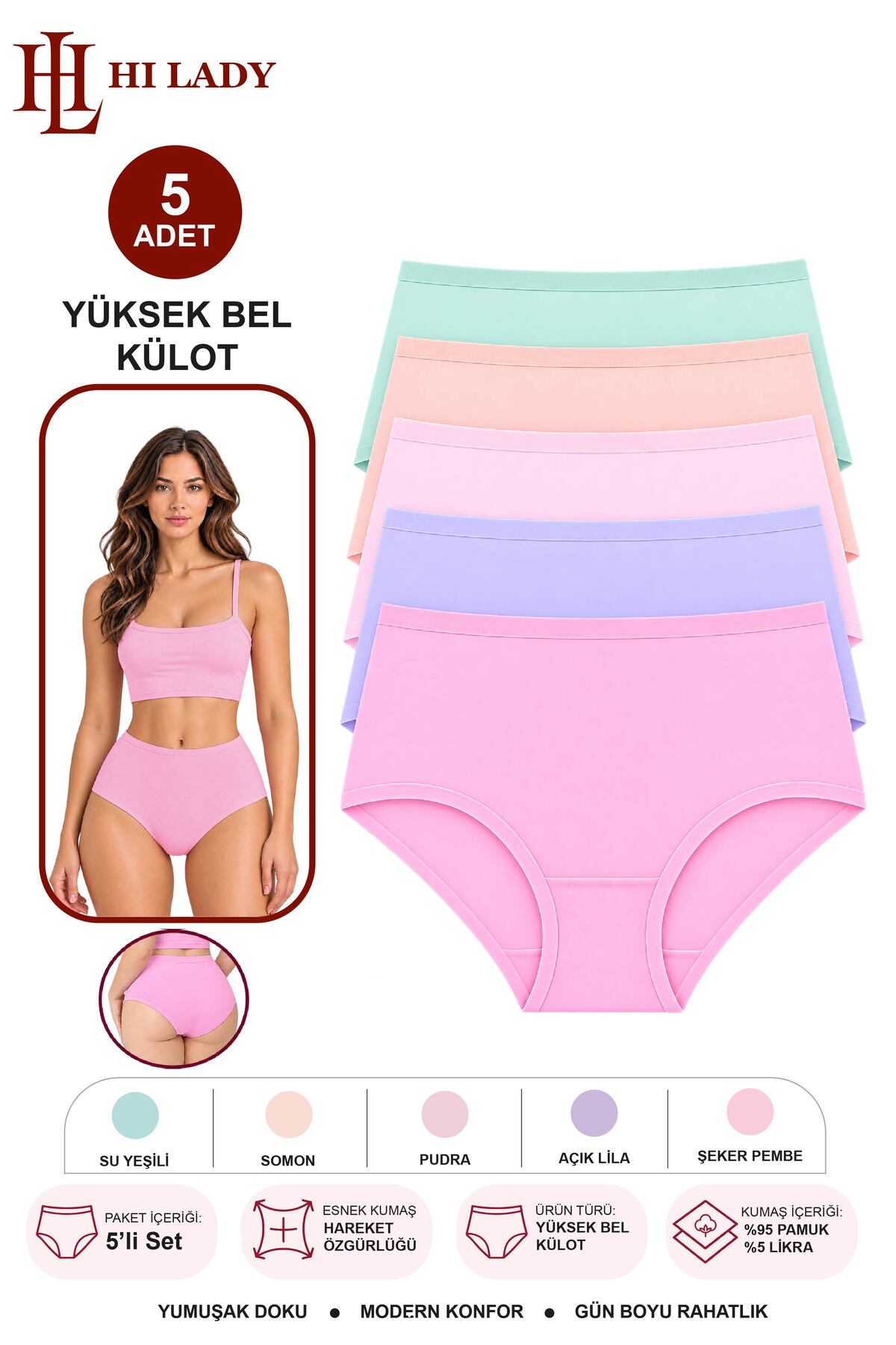 Hilady Kadın Külot Likralı Esnek Pamuklu Kumaş Yüksek Bel Külot Soft Renkler görsel 4