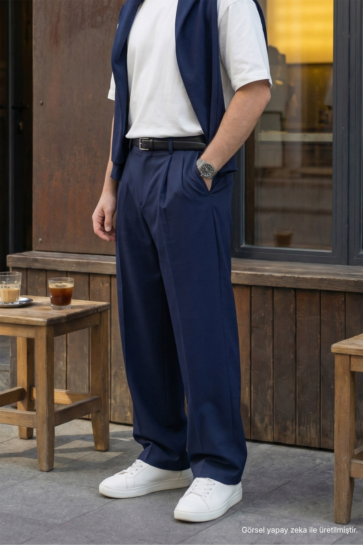 Livio Ferri Erkek Kumaş Baggy Kalıp Pileli Lacivert Pantolon görsel 2
