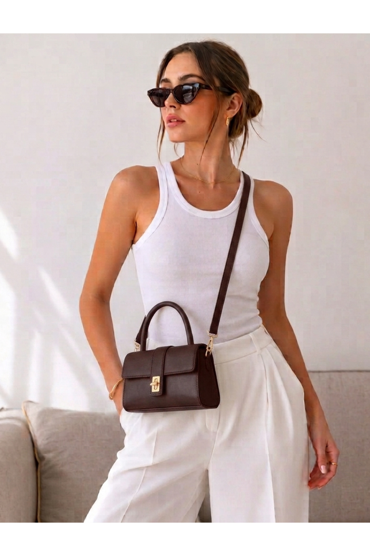 METEBAGS Acı Kahve,Krem,Siyah 3'Lü Set Çapraz Askılı Suni Deri Kadın El & Omuz Çantası görsel 4
