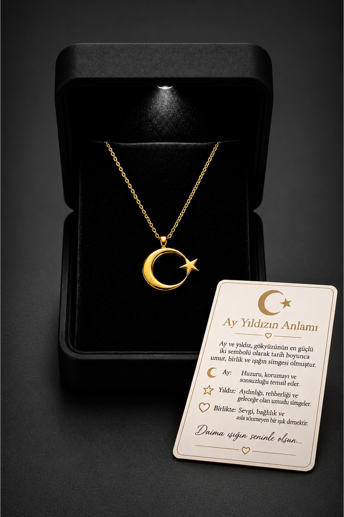 ÇEKİRDEK JEWELRY Işıklı Hediye Kutulu 925 Ayar Gümüş Ay Yıldız Kolye, Gold Kaplama Parlak Şık Tasarım