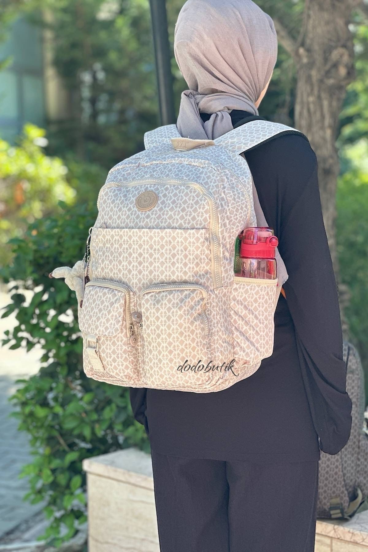 DodoButik Büyük Boy Yağmura Dayanıklı Kumaş, Çok Cepli, Hafif Sırt Çantası / Desenli Krem görsel 3