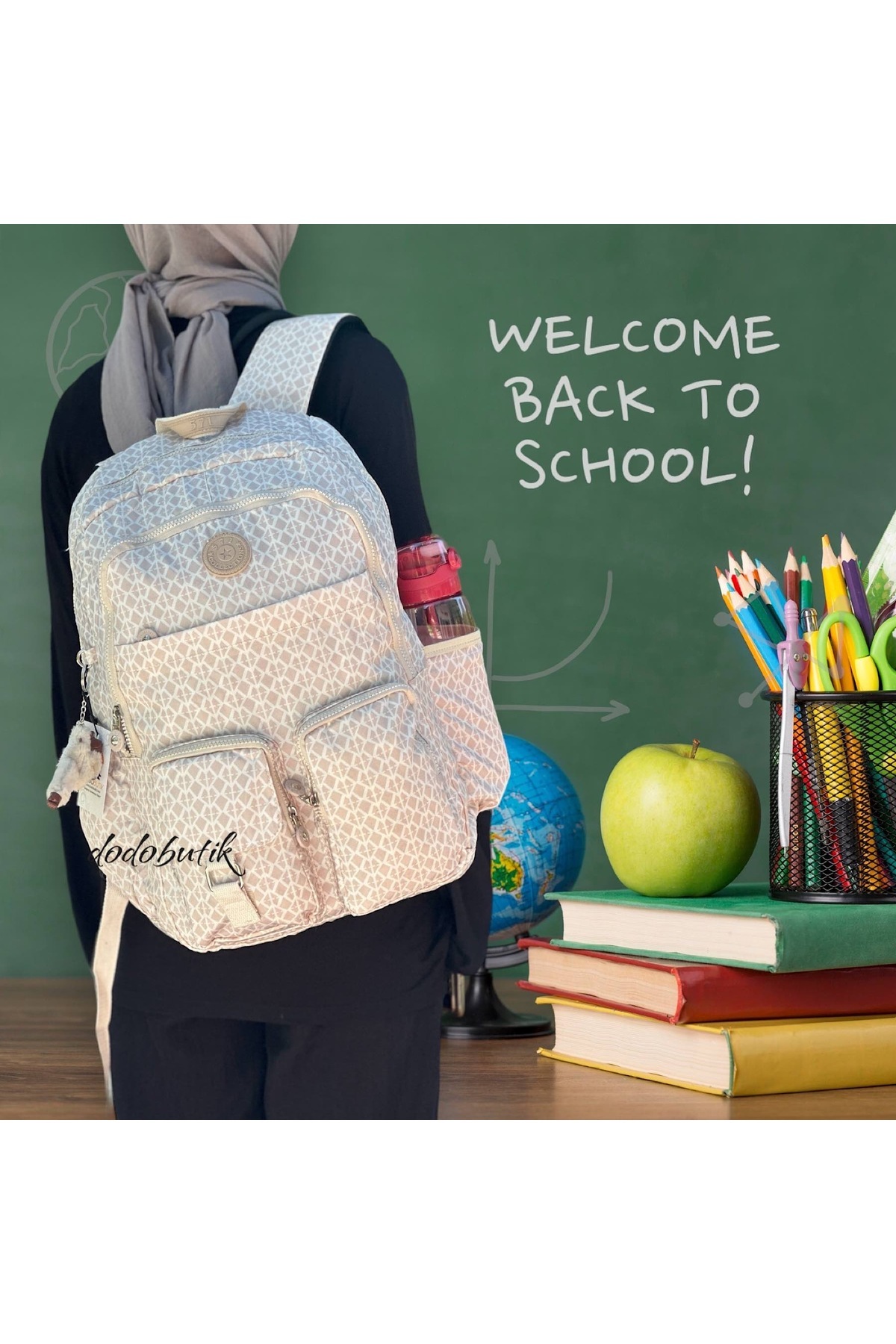 DodoButik Büyük Boy Yağmura Dayanıklı Kumaş, Çok Cepli, Hafif Sırt Çantası / Desenli Krem görsel 2