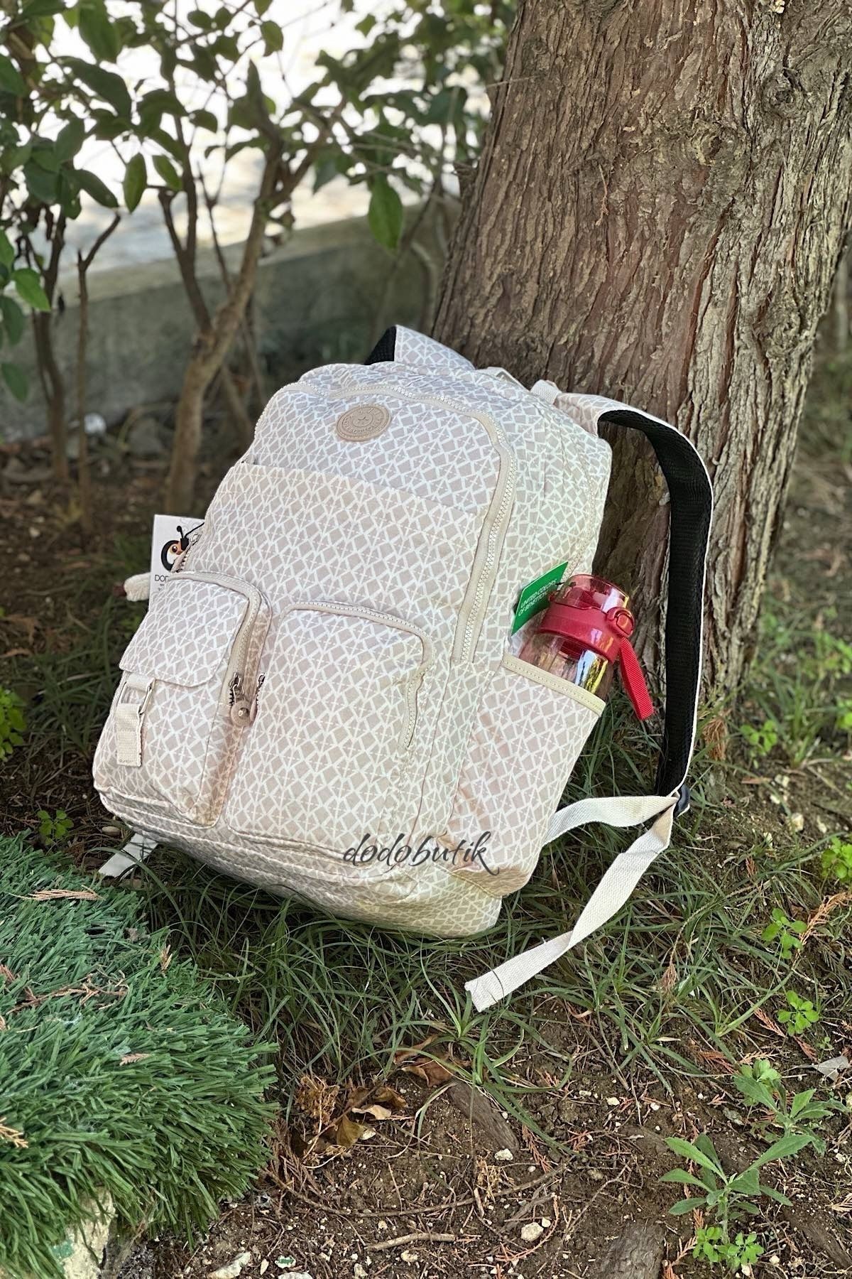 DodoButik Büyük Boy Yağmura Dayanıklı Kumaş, Çok Cepli, Hafif Sırt Çantası / Desenli Krem görsel 5