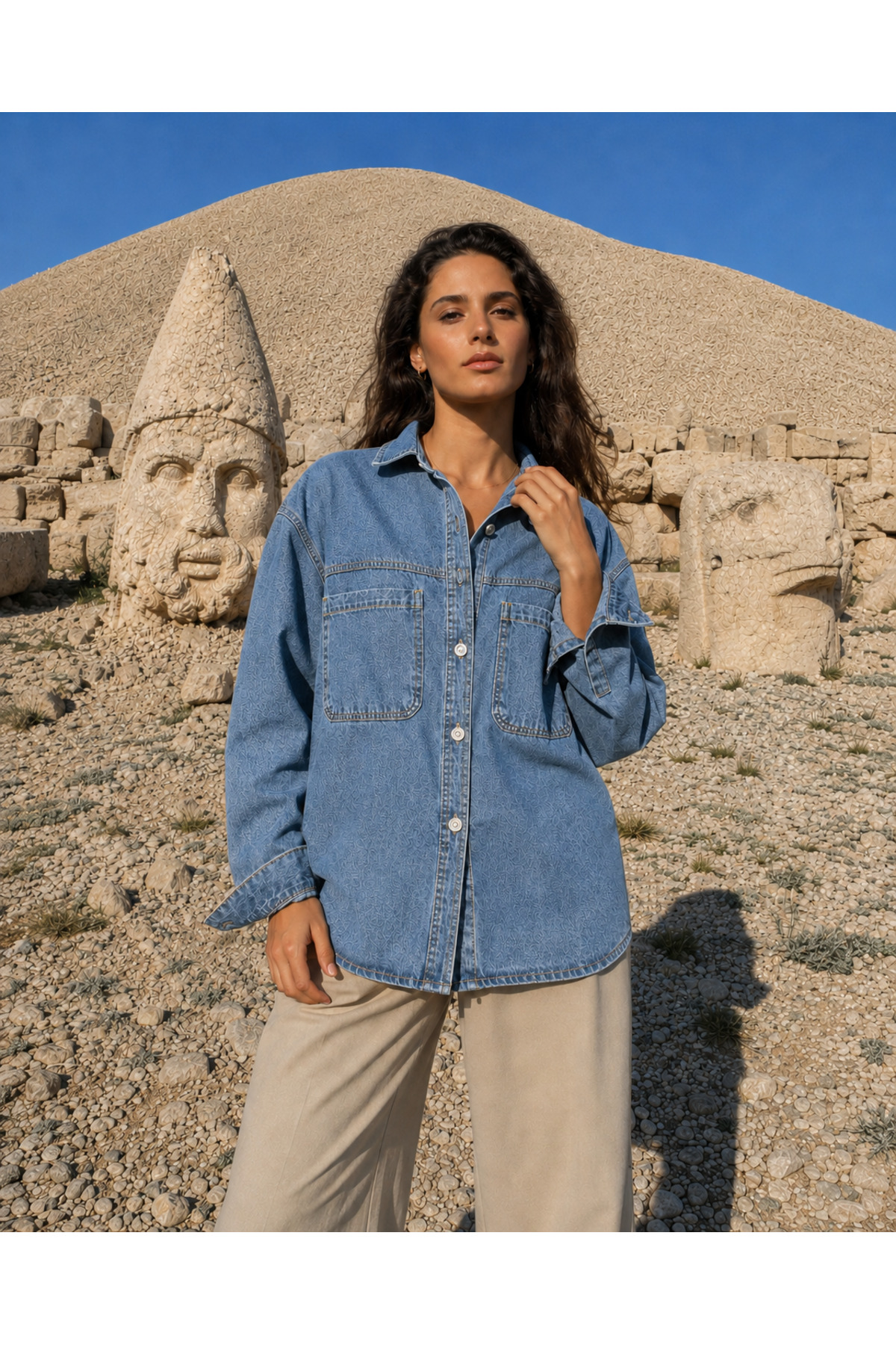 Safari Kadın Oversize Kot Gömlek Çift Cepli Bölmeli Denim Gömlek Uzun Kollu görsel 2