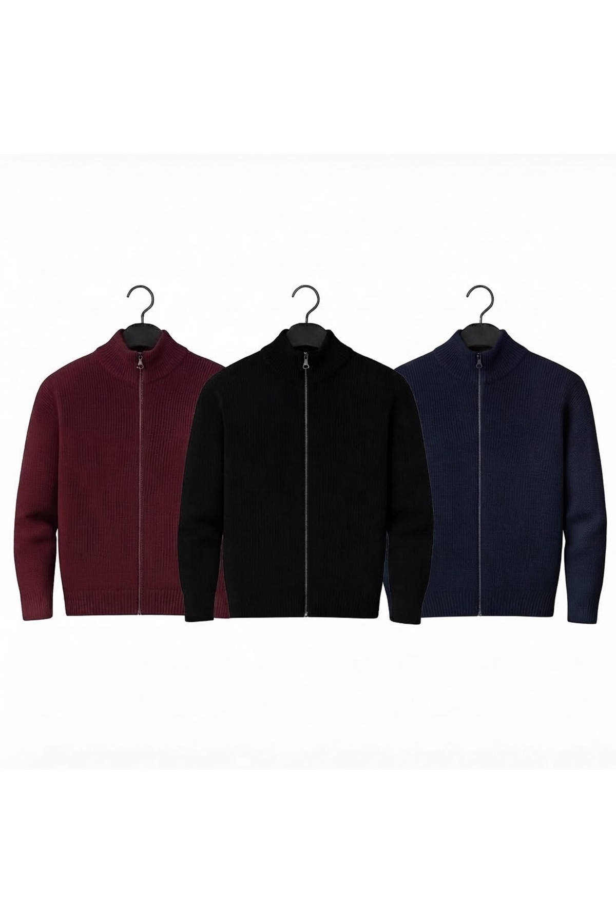 zs zaos fashion 3lü set erkek uzun kol kışlık kalın tam fermuarlı dik yaka hırka kazak % 100 pamuk basic