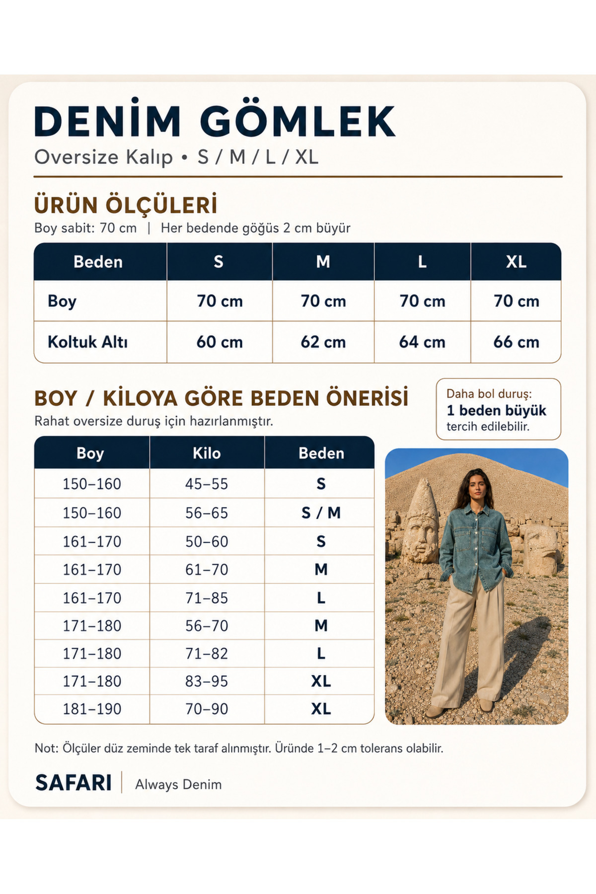 Safari Kadın Oversize Kot Gömlek Çift Cepli Bölmeli Denim Gömlek Uzun Kollu görsel 4