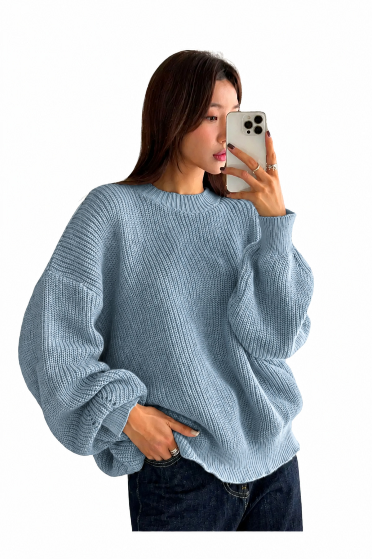 MODASPARK Mavi Bisiklet Yaka Oversize Kadın Triko Kazak görsel 5