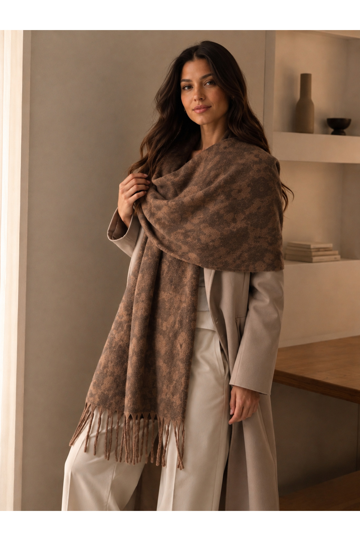 Luminos Butik Kahve Leopar Desenli Yumuşak Dokulu Püsküllü Kışlık Şal SAL1331 görsel 2