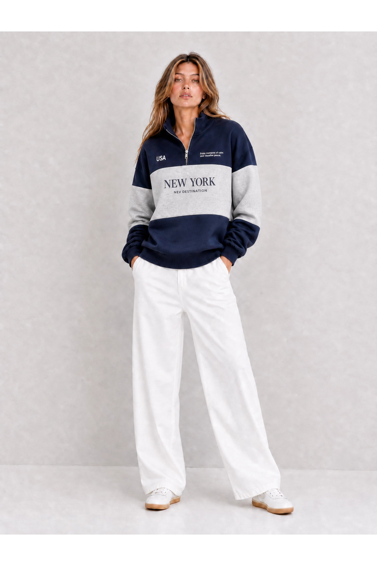ESADE Kadın Lacivert New York Baskılı Bloklu Dik Yaka Yarım Fermuarlı Sweatshirt