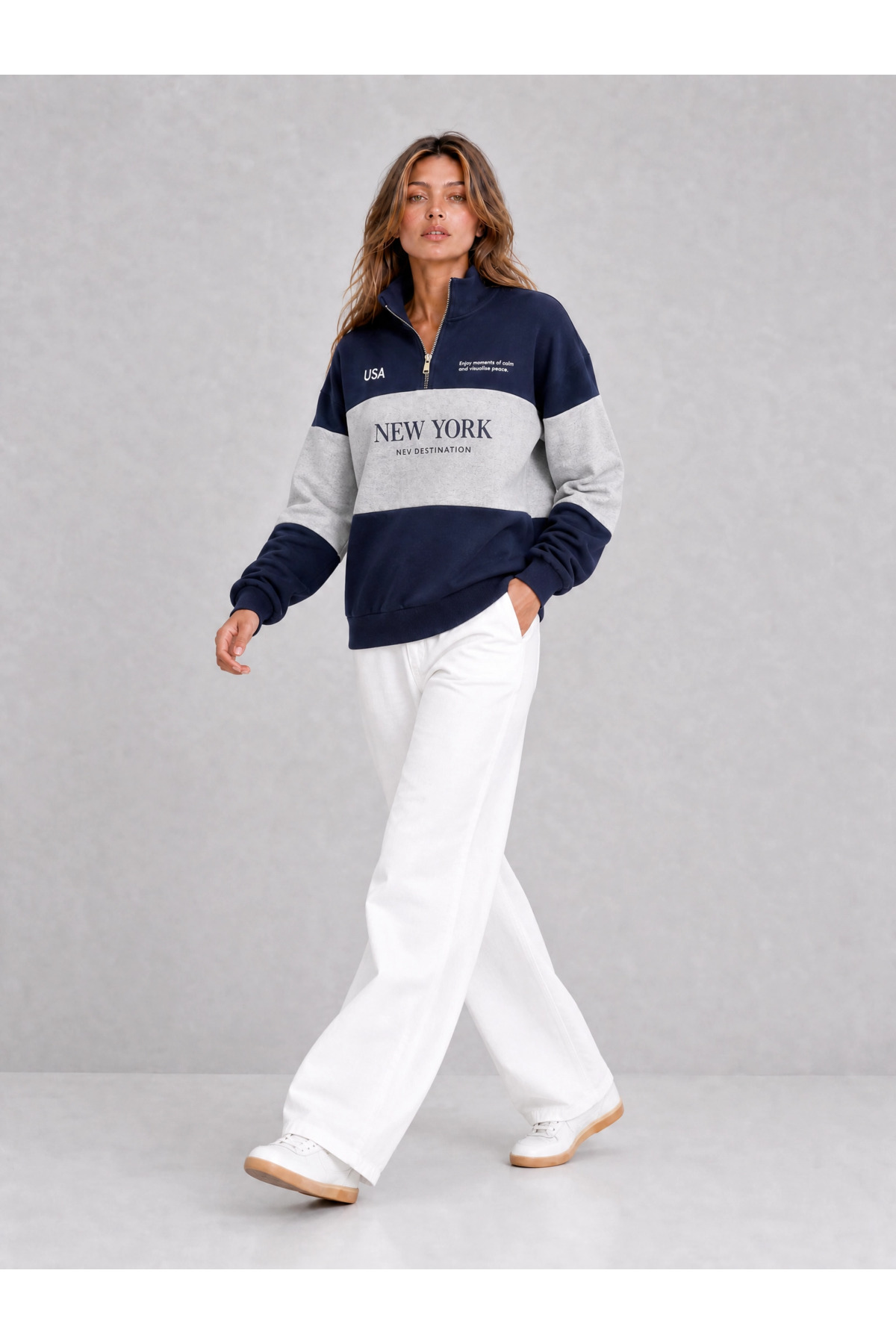 ESADE Kadın Lacivert New York Baskılı Bloklu Dik Yaka Yarım Fermuarlı Sweatshirt görsel 3